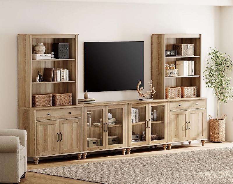 WAMPAT Entertainment Center with Bookshelves for TVs up to 75", Farmhouse Wall Unit TV Stand with Glass Doors & Drawer, Media Console Table for Living Room, Bedroom & Home Theater, Oak