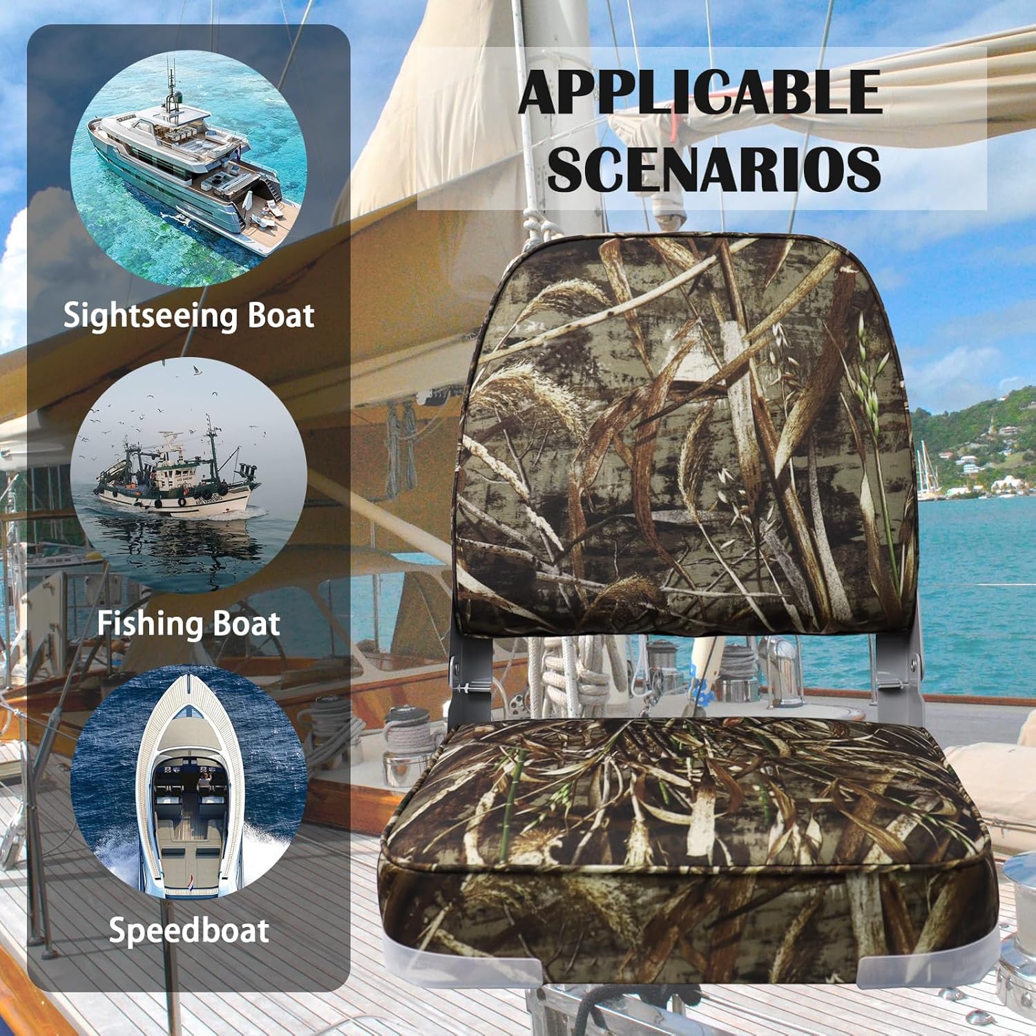 Boat Seats 2 Pack Clearance Low Back, Folding Premium Bass/Jon/Pontoon Boat Chairs, Fishing Swivel Boat Seat (Camo)