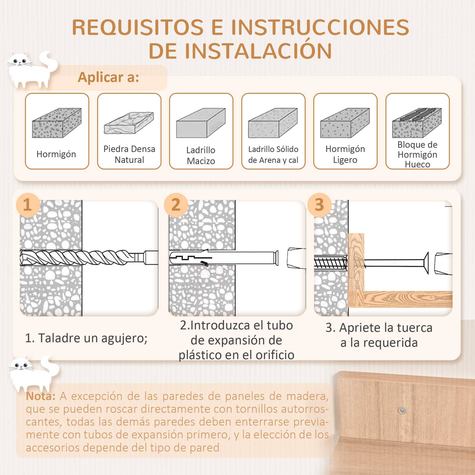 PawHut Árbol para Gatos de Pared 38x30x149 cm Torre Cama Cueva Beige Roble | Múltiples Plataformas de Madera, Cama Superior, Cojín Extraíble, Postes Rascadores de Sisal, Torre para Escalar