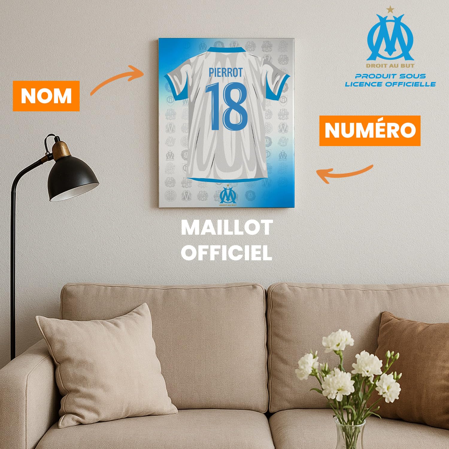 Toile Personnalisable Maillot Olympique de Marseille – 50x40 cm | Prénom & Numéro | Produit Sous Licence Officielle OM | Cadeau Supporter Foot – Décoration Murale “Droit au But” | Fabriqué en France