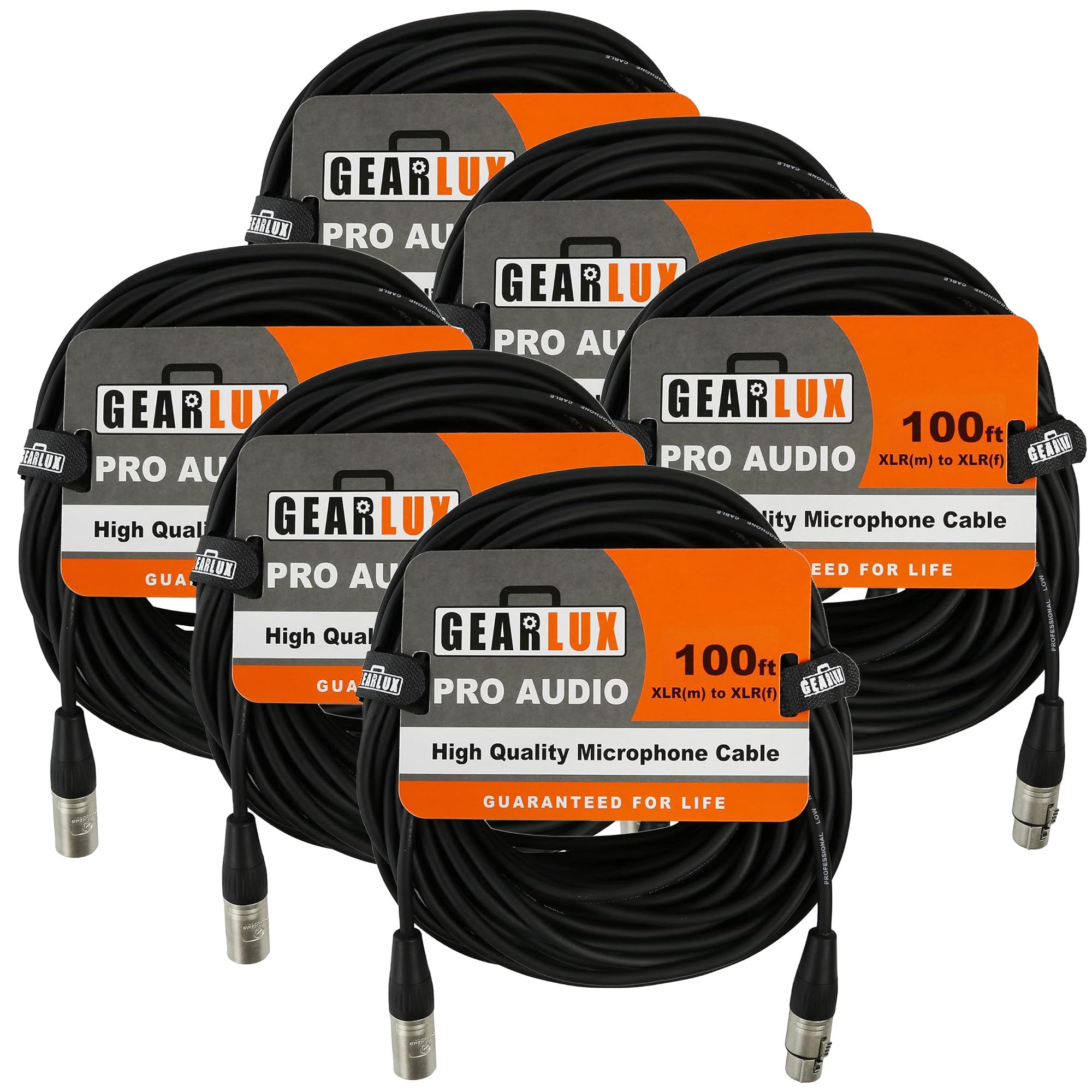 Gearlux XLR Microphone Cable, Fully Balanced, Male to Female, 100 Feet - 6 Pack
