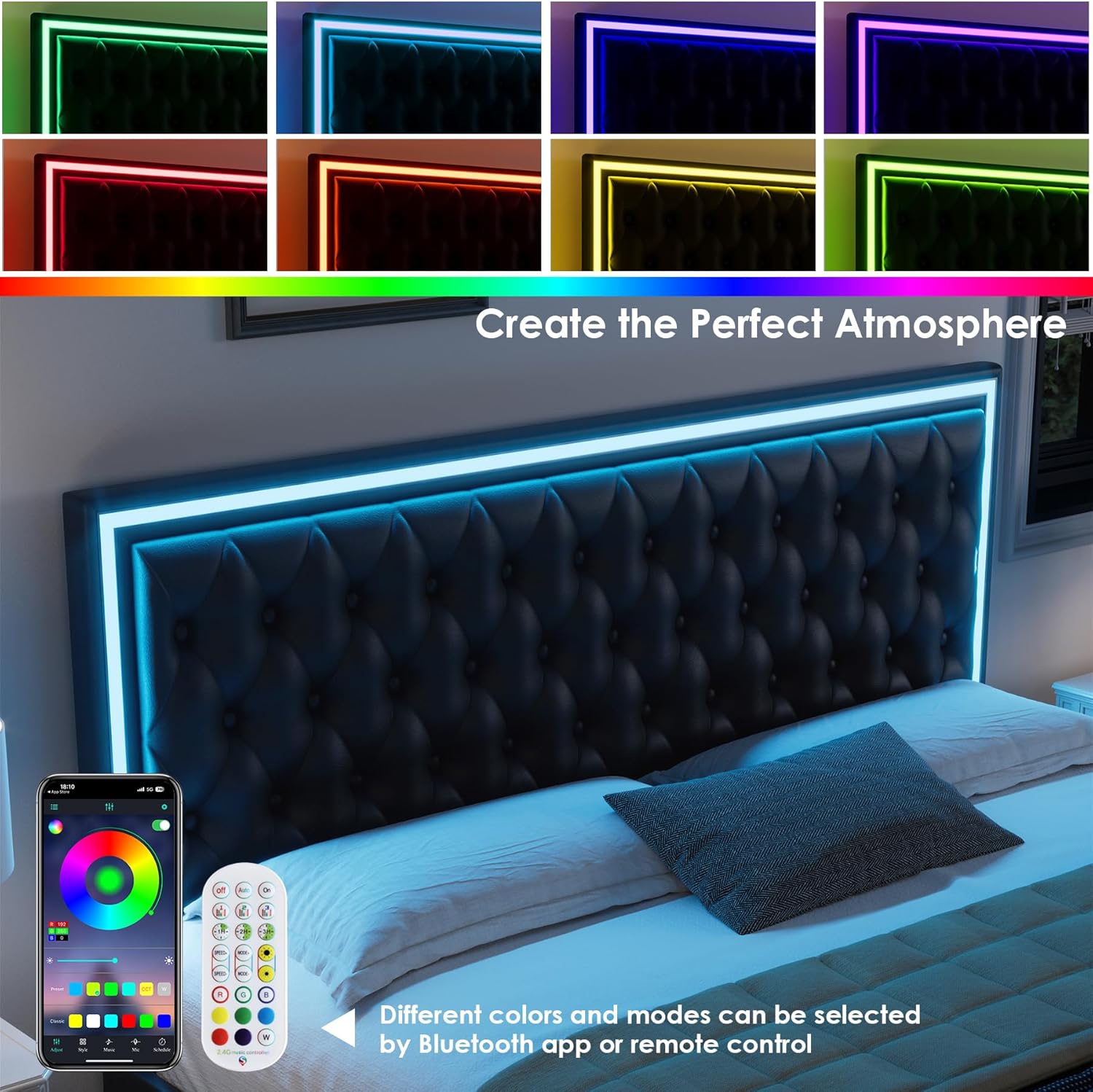 Image showing the LED headboard lights changing colors, with a remote control and smartphone app interface for control.