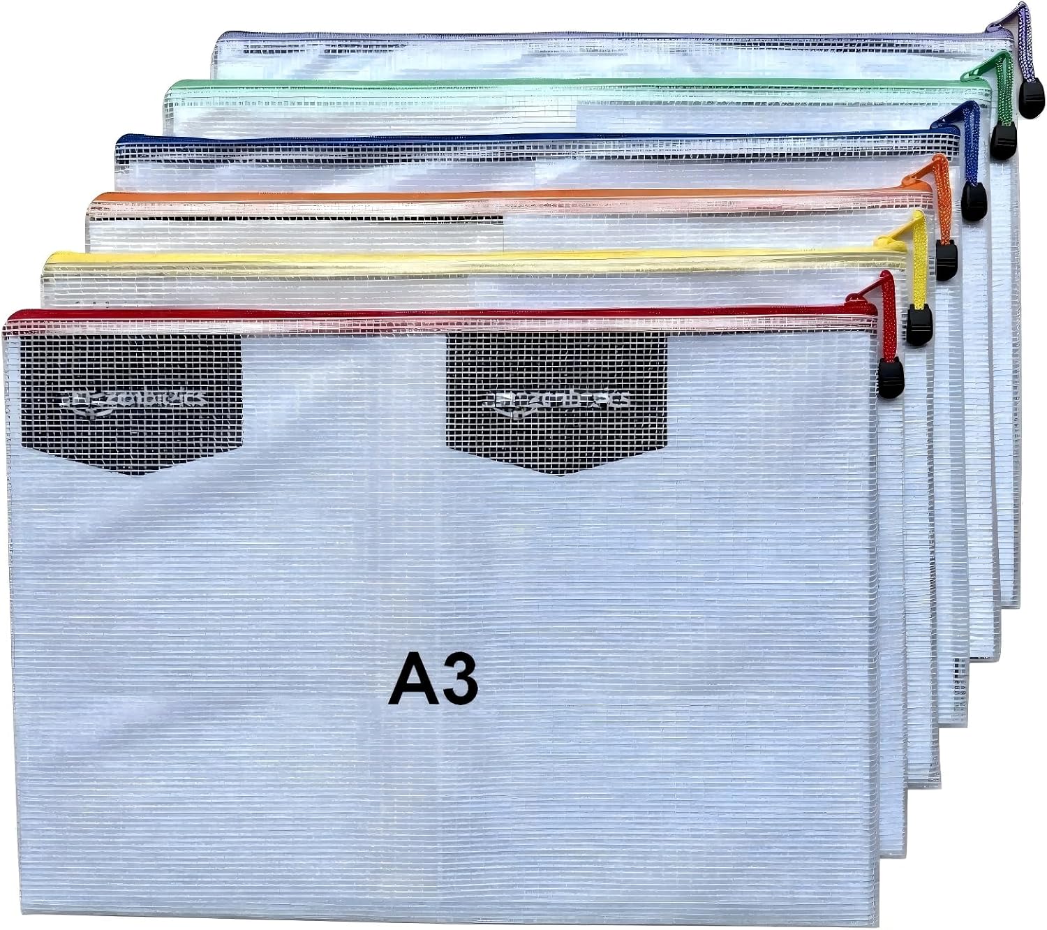 6pcs Mesh Zipper Pouch Bags, A3 17x12 Inches Large Reusable Plastic Zipper Pouches Bag for Organizing Office, File, School, Classroom, Cross Stitch Projects, Puzzle & Board Game Storage Bags