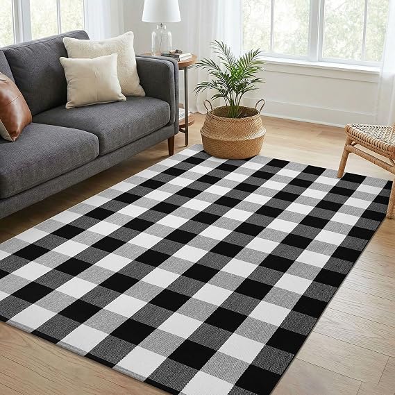 KOZYFLY Buffalo Plaid Area Rug 4 x 6 Ft Black and White Checkered Rug Washable Outdoor Rugs Cotton Rugs for Bedroom Front Door Mat Carpet for Front Porch Living Room Dining Room Kitchen