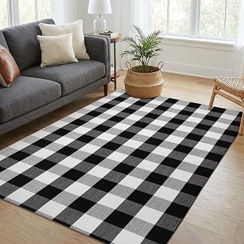 KOZYFLY Buffalo Plaid Area Rug 4 x 6 Ft Black and White Checkered Rug Washable Outdoor Rugs Cotton Rugs for Bedroom Front Door Mat Carpet for Front Porch Living Room Dining Room Kitchen