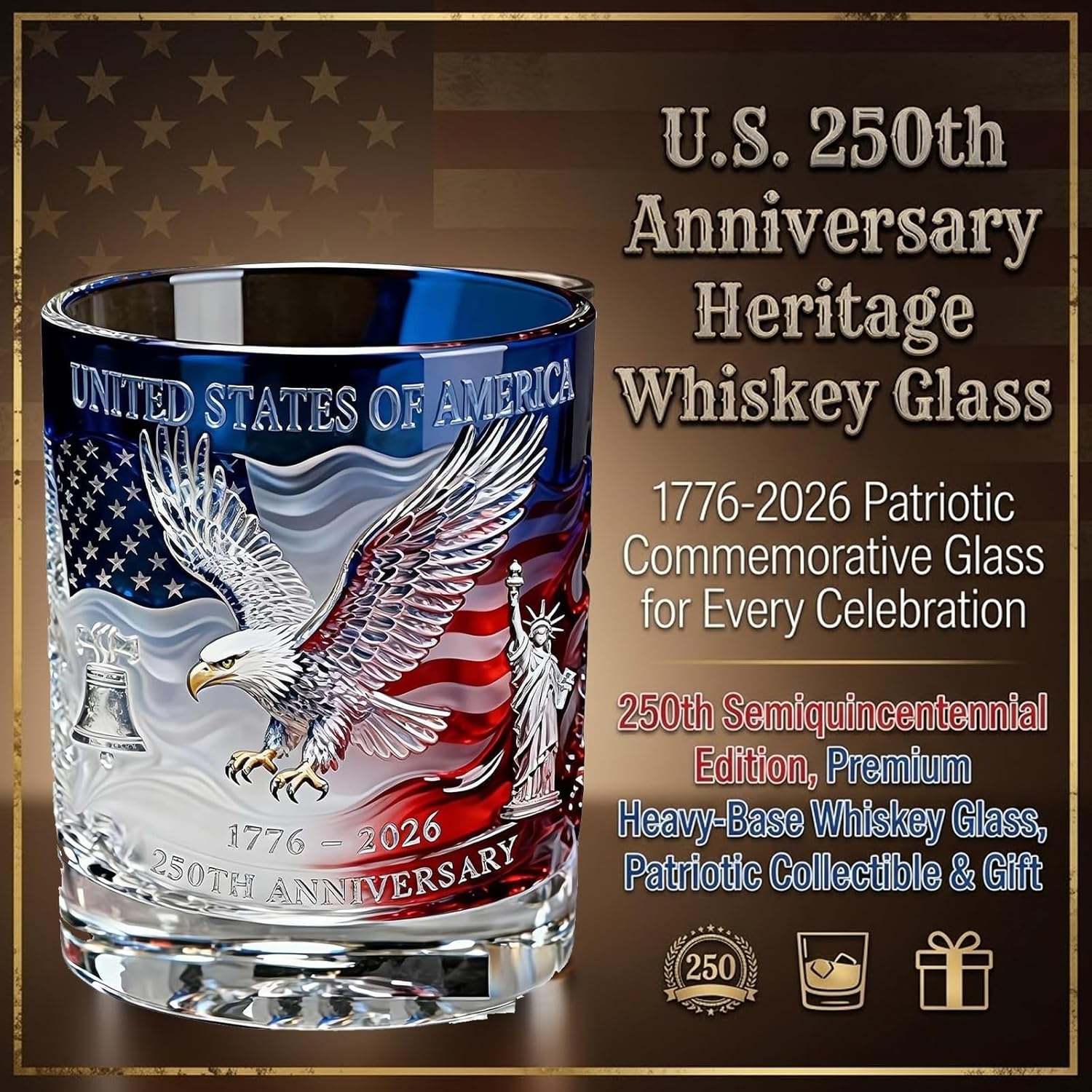 250th Anniversary Whiskey Bottle Decanter Liquor Father Gifts 1776 2026 Patriotic Commemorative Bourbon Glasses America Heritage Personalized US Flask Eagle Independence Day(*C,4pcs)