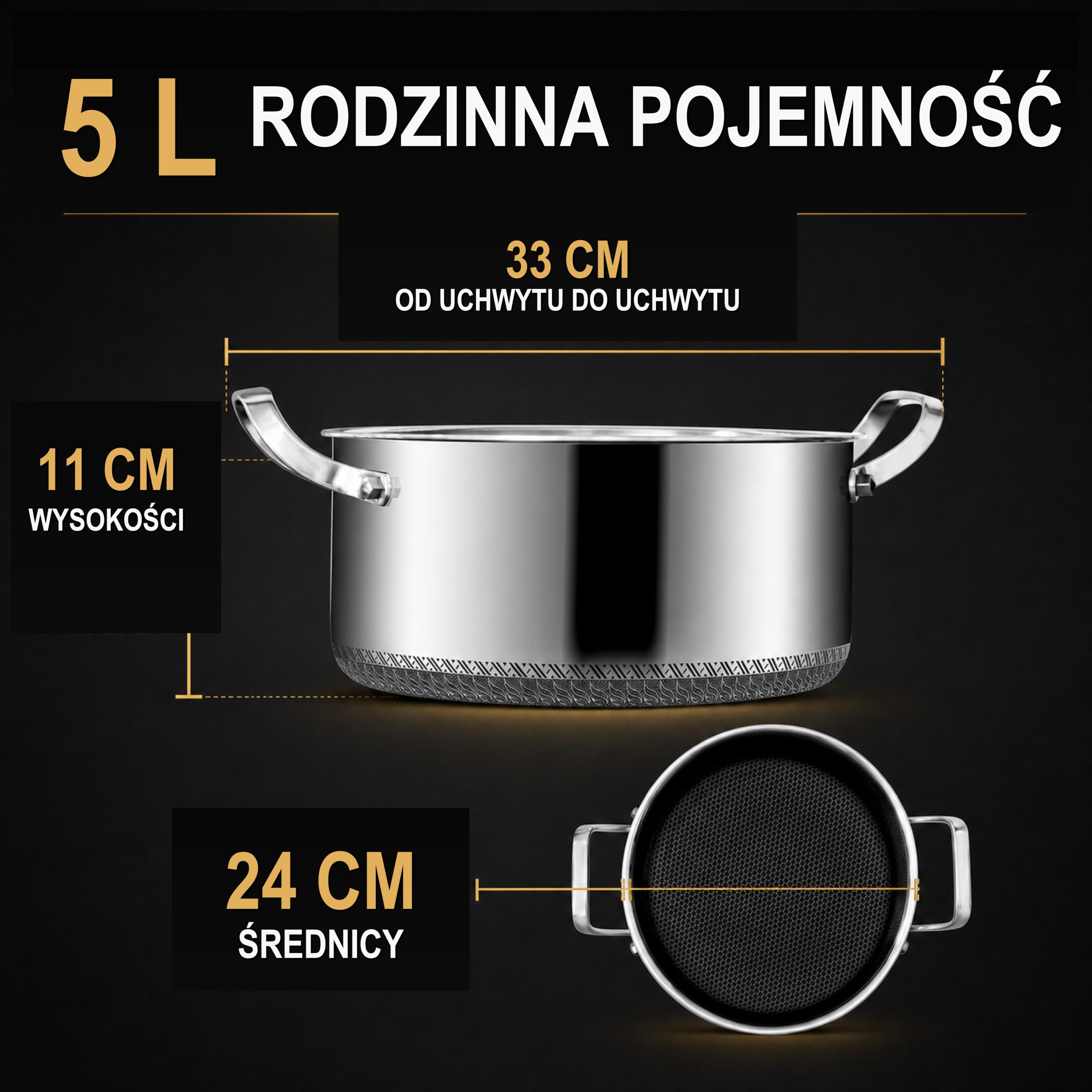 INTIGNIS Trójwarstwowy garnek ze stali nierdzewnej, 24 cm, 5 l, hybrydowa, nieprzywierająca, indukcyjna i kuchenna, nadaje się do piekarnika, ze szklaną pokrywką, gruba podstawa bez PFOA, naczynia