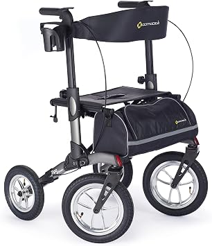 Comodita Tipo All Terrain Rolling Walker, Outdoor Wheeled Rollator with Extra Wide Seat and Brakes for Adults and Seniors, Easy Folding, 4 Wheel, Metallic Graphite