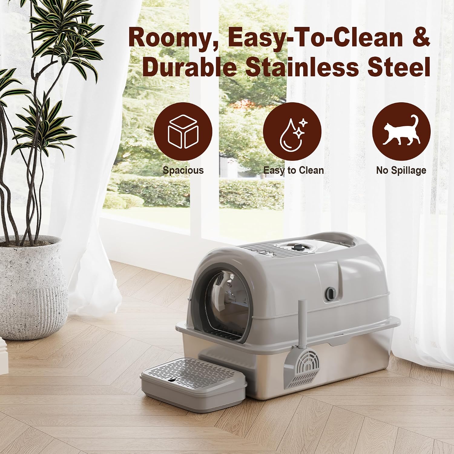 Low Entry High Sided Large Enclosed Cat Litter Box, Stainless Steel Litter Pan with Lid, 3-in-1 Covered Design with Pedal, 23.6x16x15.8 Inch, for Senior Kittens & Multiple Cats（Light Gray）