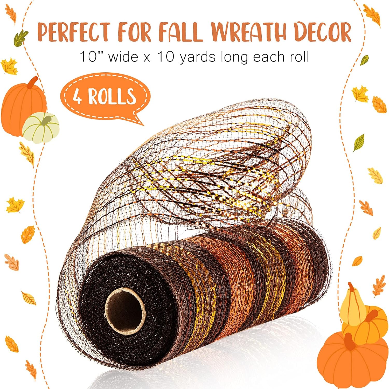 WILLBOND 4 Rolls 40 Yards Thanksgiving Mesh Ribbon for Wreath 10 Inch Autumn Wrapping Ribbon Fall Metallic Foil Wired Edge Ribbons Decor for Thanksgiving Fall Holiday Making DIY Party Crafts