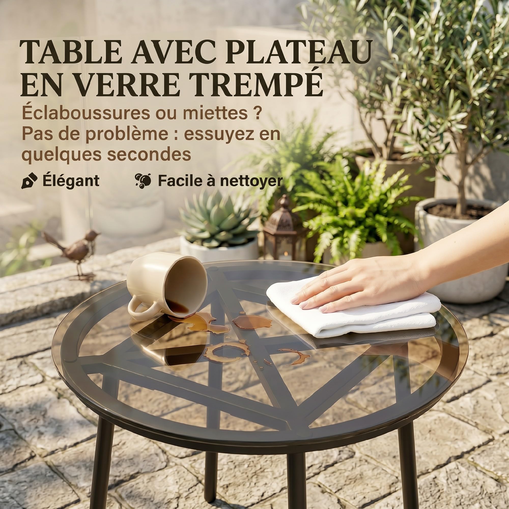 Outsunny Salon de Jardin Extérieur 3 Pièces en Résine Tressée avec 2 Fauteuils et 2 Coussins, Table Basse en Verre Trempé, Mobilier de Jardin pour Terrasse Balcon Patio, Kaki