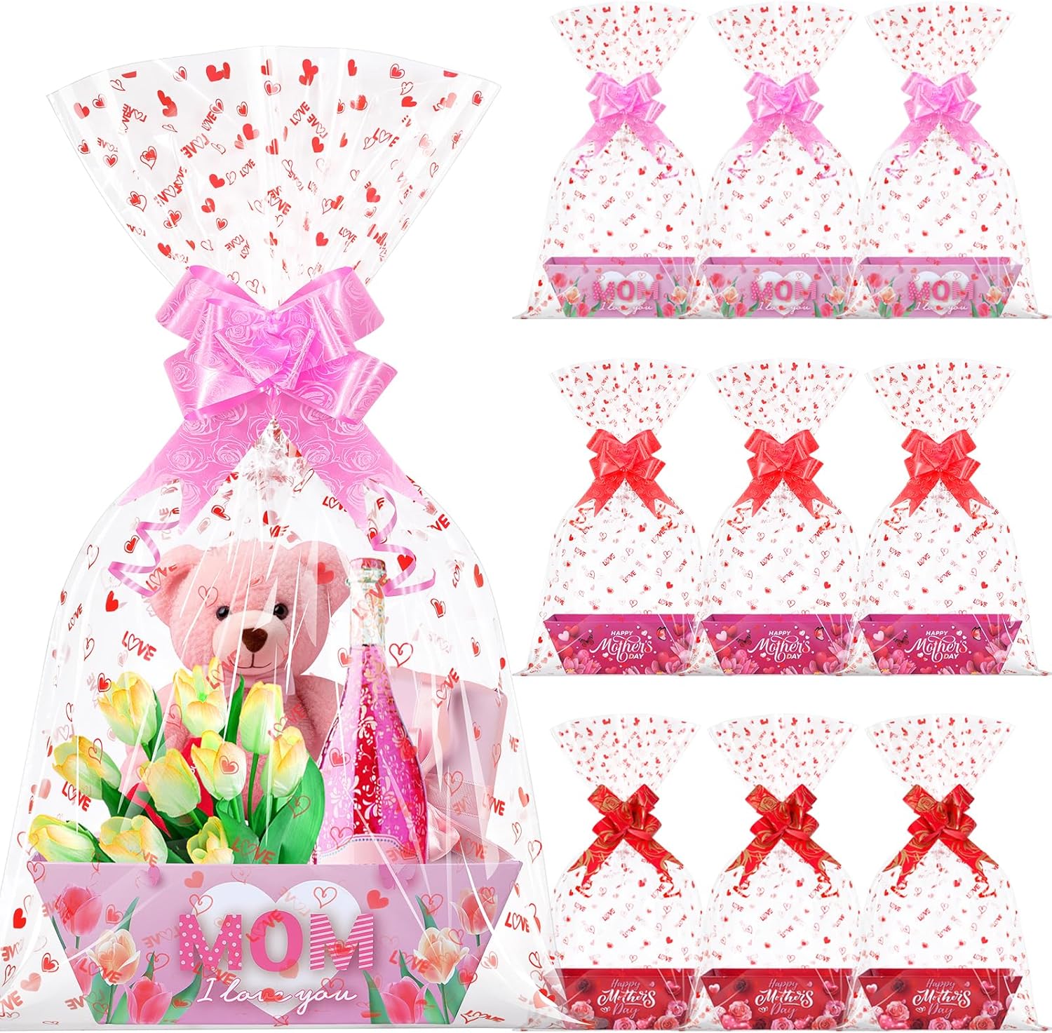 12 Sets Mother’s Day Gift Basket Empty with Transparent Cellophane,Red Cardboard Mother Gift Basket Bulk with Pull Bows Ribbons to Fill Spring Tea Party Wedding Anniversary Mothers Day Wrapping Gifts
