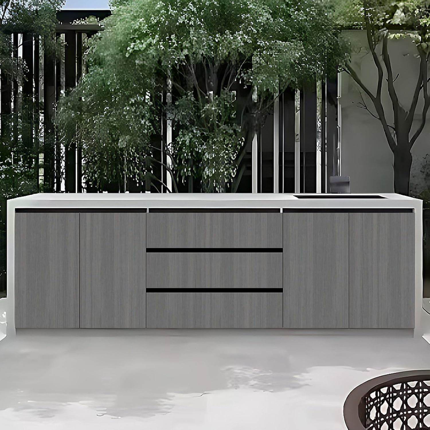 Outdoor Laundry Utility Sink Cabinet with Gray Simple Design and Aluminum Alloy Cabinet Door Panel, Kitchen Table with Stainless Steel Sink,Slate Textured Countertop(78.74IN)