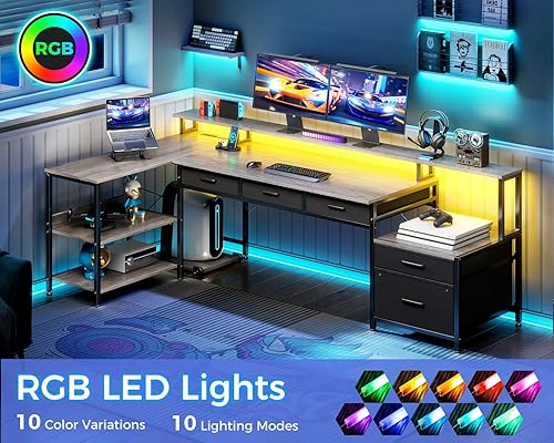 Miniatura 5 de AODK Escritorio en forma de L con 5 cajones de archivos, escritorio reversible en forma de L de 75 pulgadas con toma de corriente y tira LED,