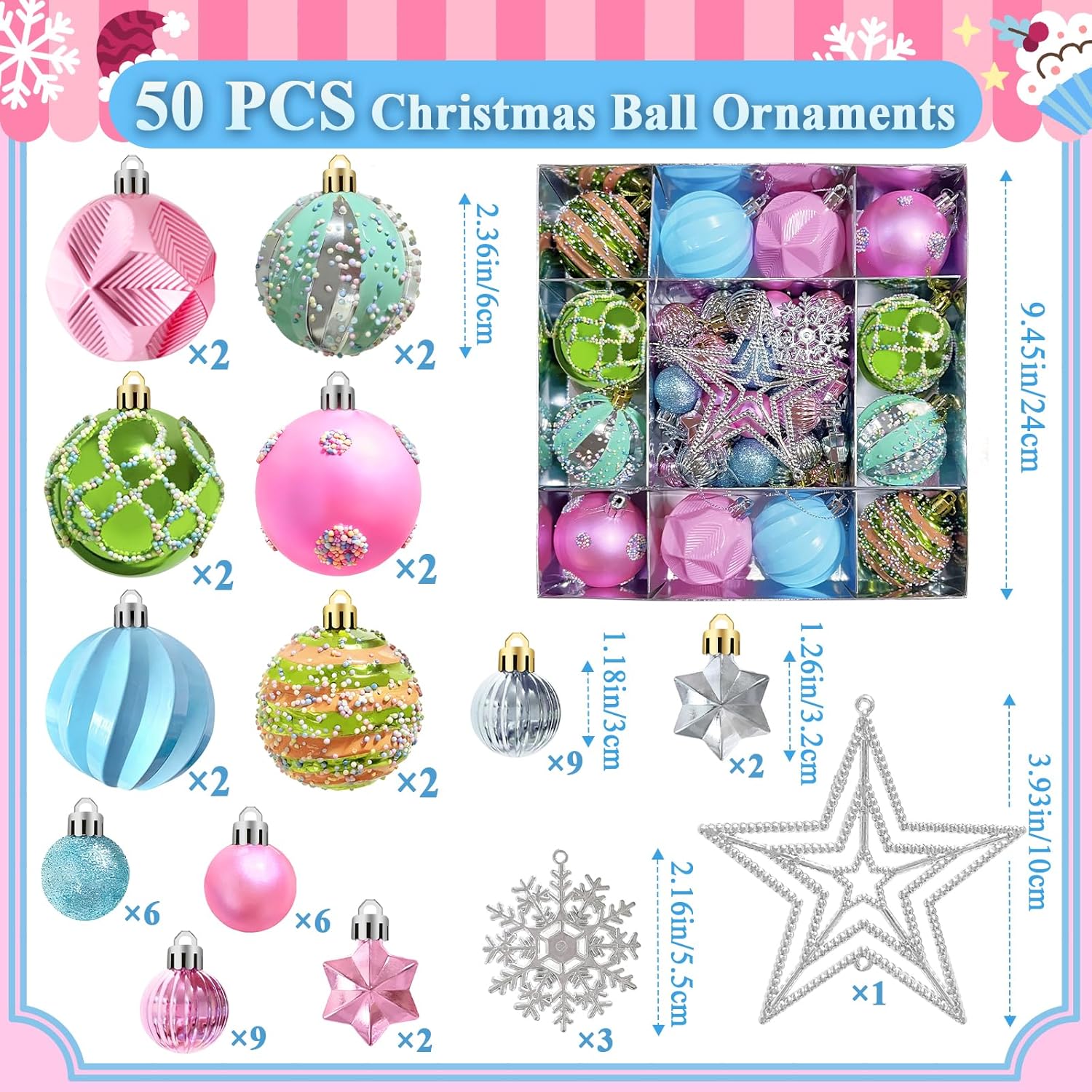 50 Pcs Christmas Ball Ornaments for Tree Xmas Glittering Hanging Balls Macaron Plastic Baubles for Holiday Home Indoor Outdoor Party Decor - Image 2