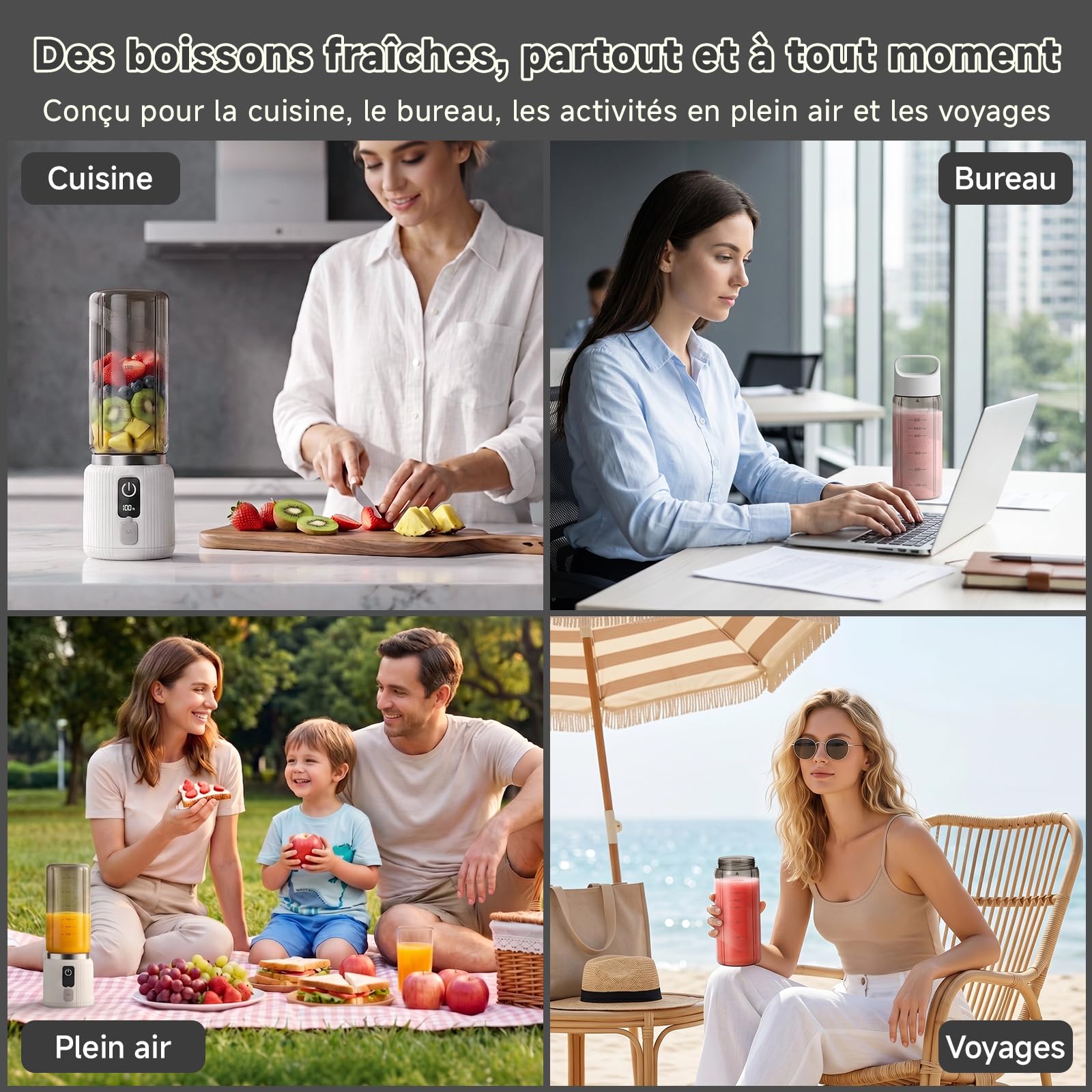 COKUNST Mixeur Portable, Mini mixeur blender avec 8 lames, Rechargeable | smoothie mixer personnel avec affichage LED, mixeur USB-C avec couvercle pour voyage, salle de sport, 22 000RPM, 500ml, Blanc