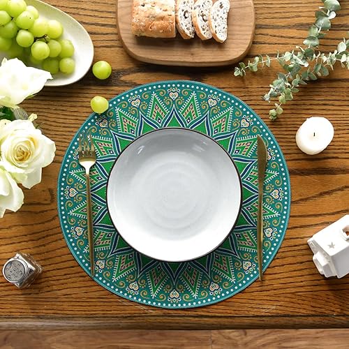 Miniatura 6 de Artoid Mode Juego de manteles individuales redondos de mandala verde y amarillo de 4,14 pulgadas para decoración de fiestas, cocina, comedor