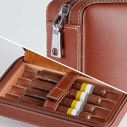 Miniatura 3 de Estuche para puros, humidificador de viaje, paquete de 6 fundas de cuero de cedro marrón con cortador de puros, humidificador, cenicero y toalla
