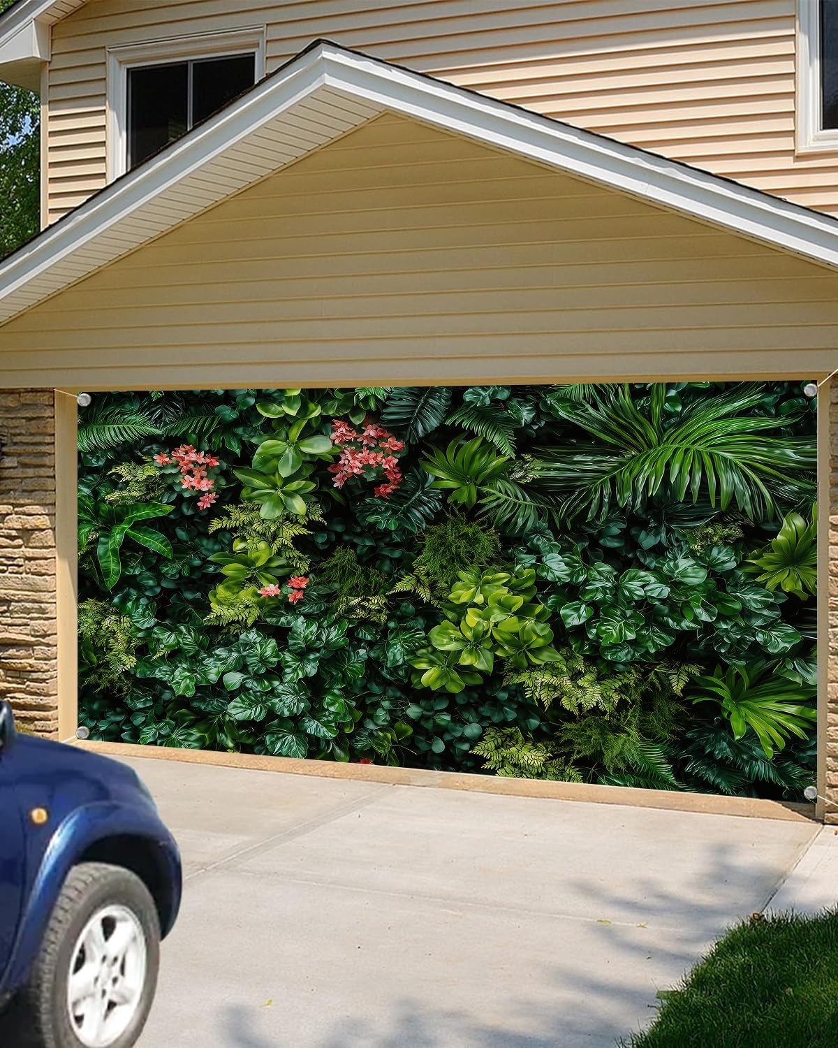 8x6 ft,Tropical Plant Leaves Garage Door Cover Banner, Green Leaf Backdrop Greenery Natural Pink Floral Party Garage Door Cover Outdoor Birthday Newborn Baby Lover Wedding Decorations Supplies,