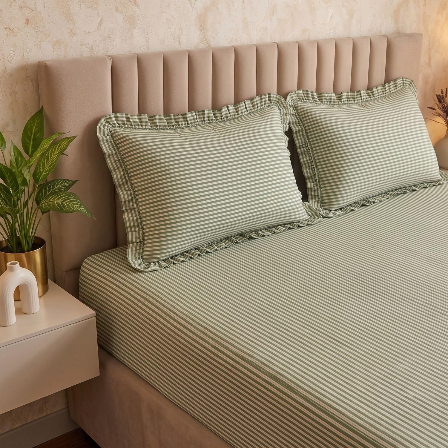 Dream Weaverz Strips Boho Fitted Bedsheet with 2 Frill Pillow Covers | Double & King Size 182x198 cm | 360° Elastic | Fits Upto 72 X 78 inch Mattress | Green-picture-22