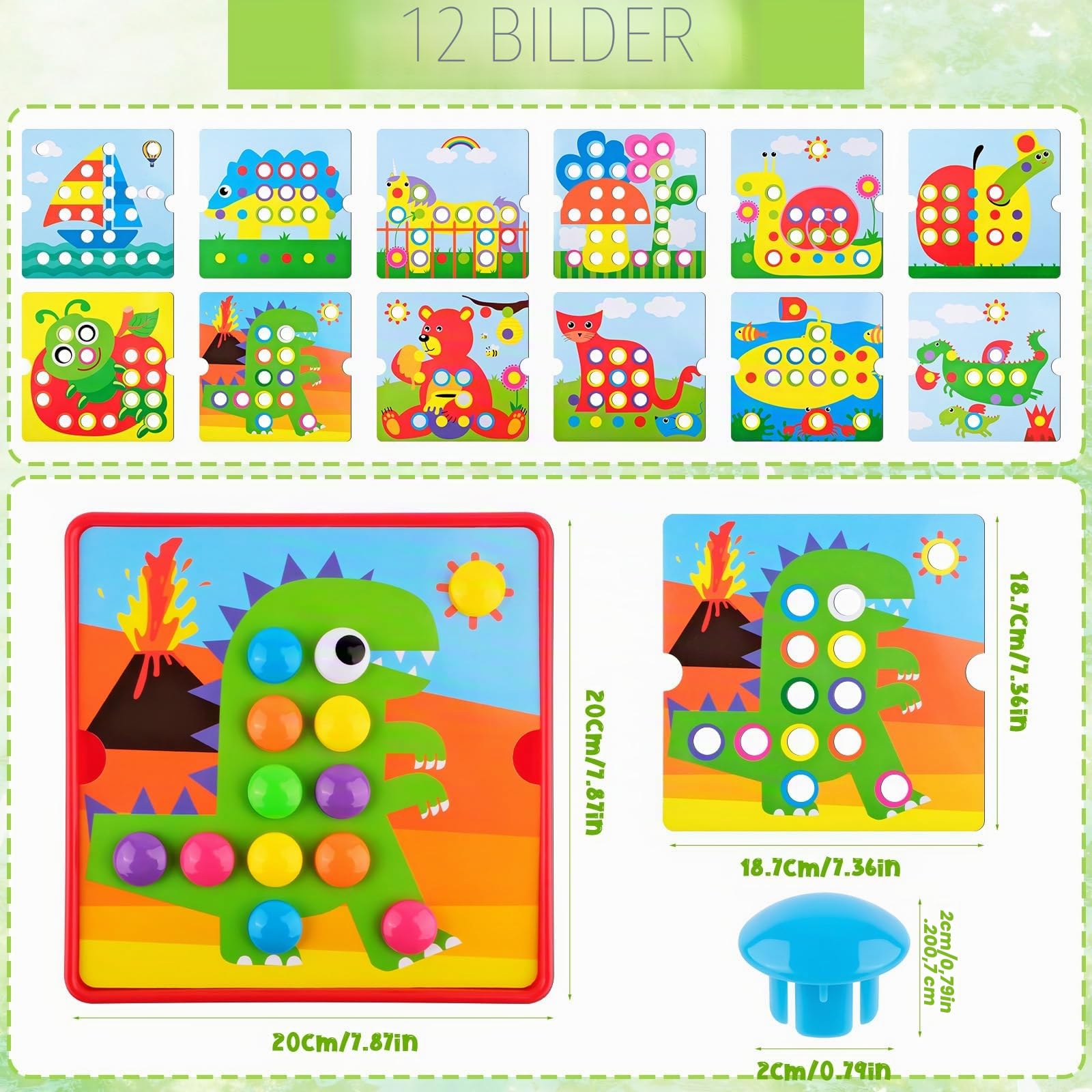 Mosaik Steckspiel ab 4 5 6 Jahre, Montessori Lernspielzeug mit 12 Bildvorlagen & 46 Steckperlen, Farben Lernen & Motorik fördern, Pädagogisches Steckspiel für Kinder, Geschenk Junge Mädchen
