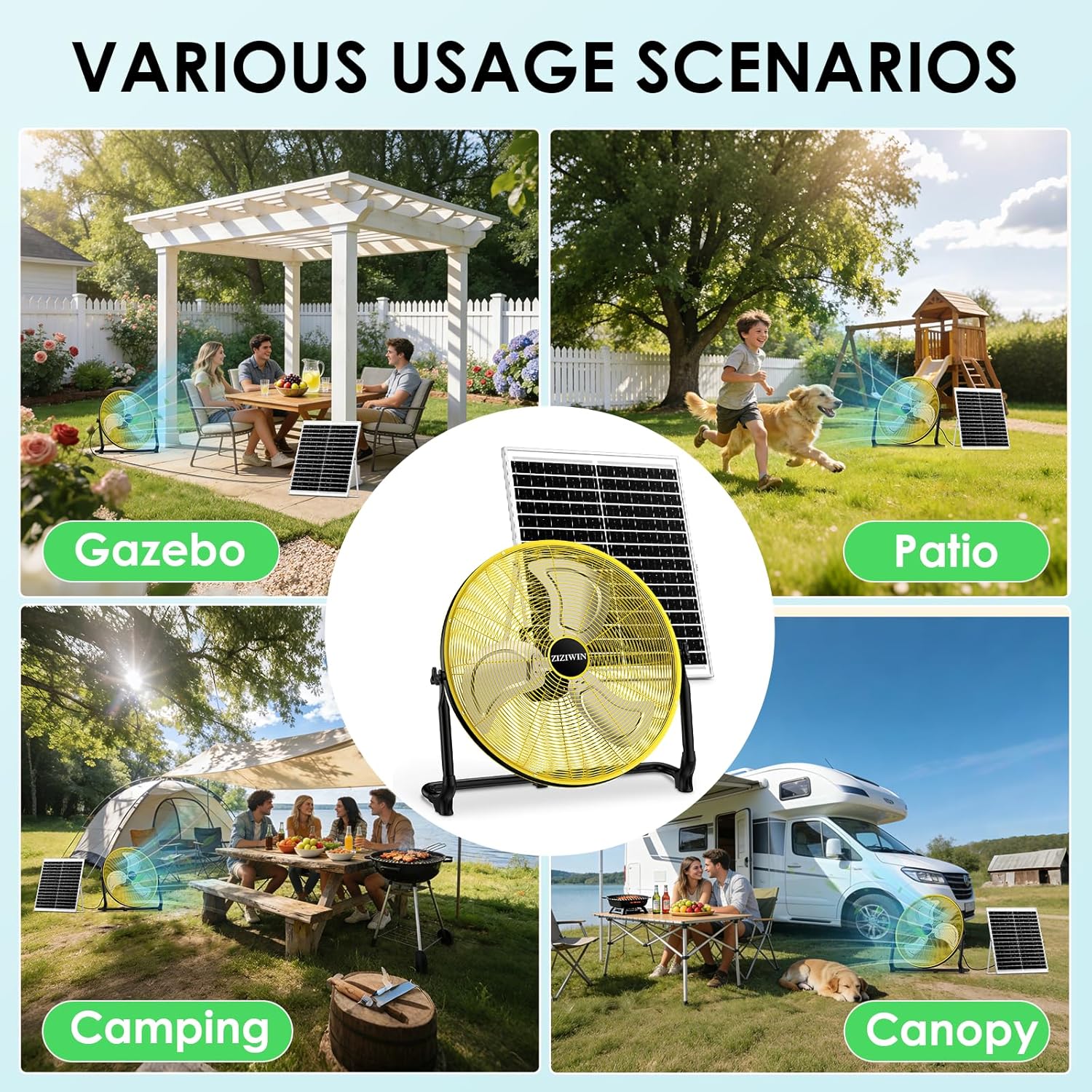 20'' Large Solar Fan, Battery Operated Camping Fan for Outside, Portable Rechargeable Cordless Floor Fan, 360° Tilt, USB Output, Wireless, for Home Garage Outdoor Patio Gazebo Greenhouse RV