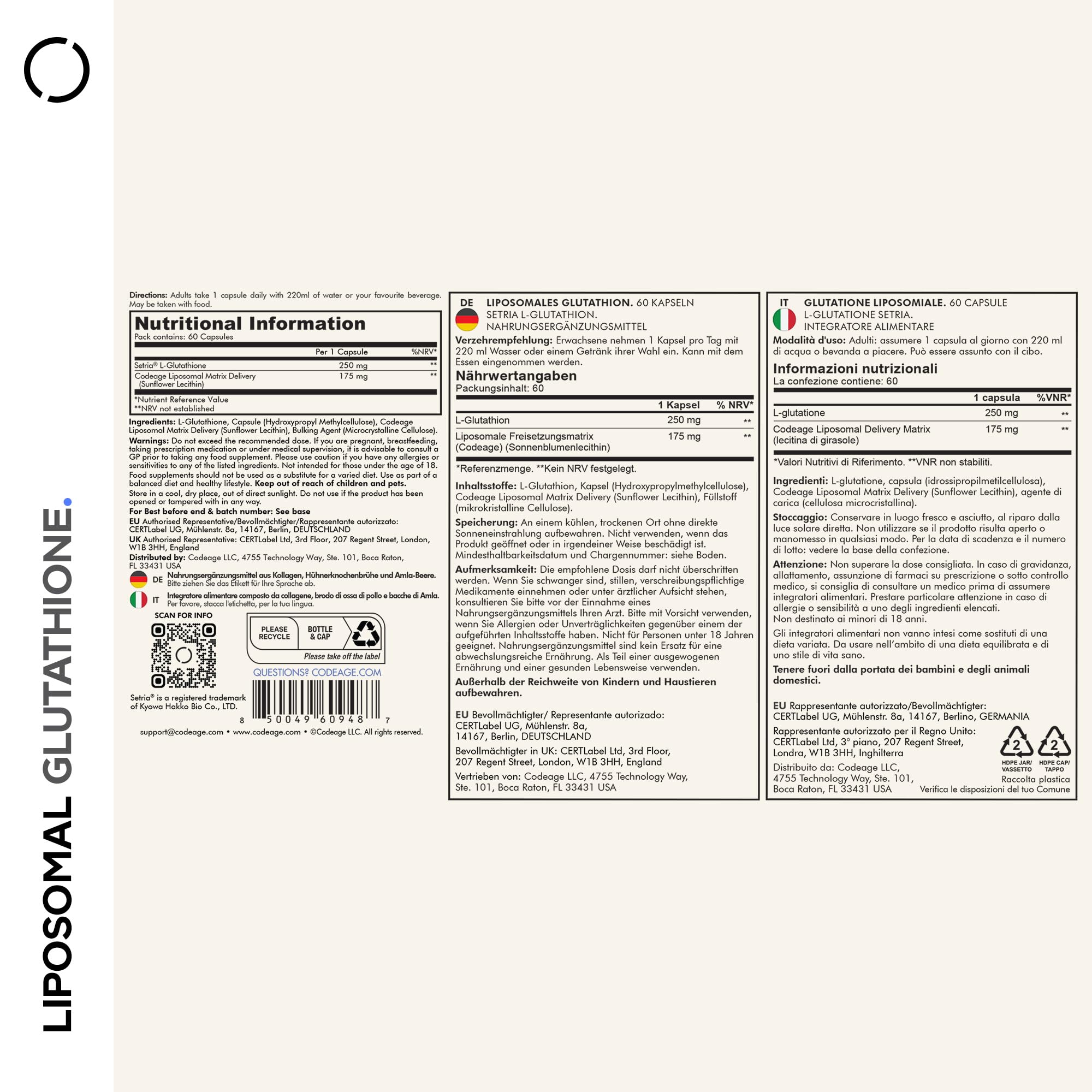Codeage Liposomales Glutathionpräparat — Reines Reduziertes Setria L-Glutathion-Hautpräparat Nanoverkapselte Glutathion-Pulver-Pillen Phospholipide Antioxidanskomplex Vegan, Gentechnikfrei 60 Kapseln