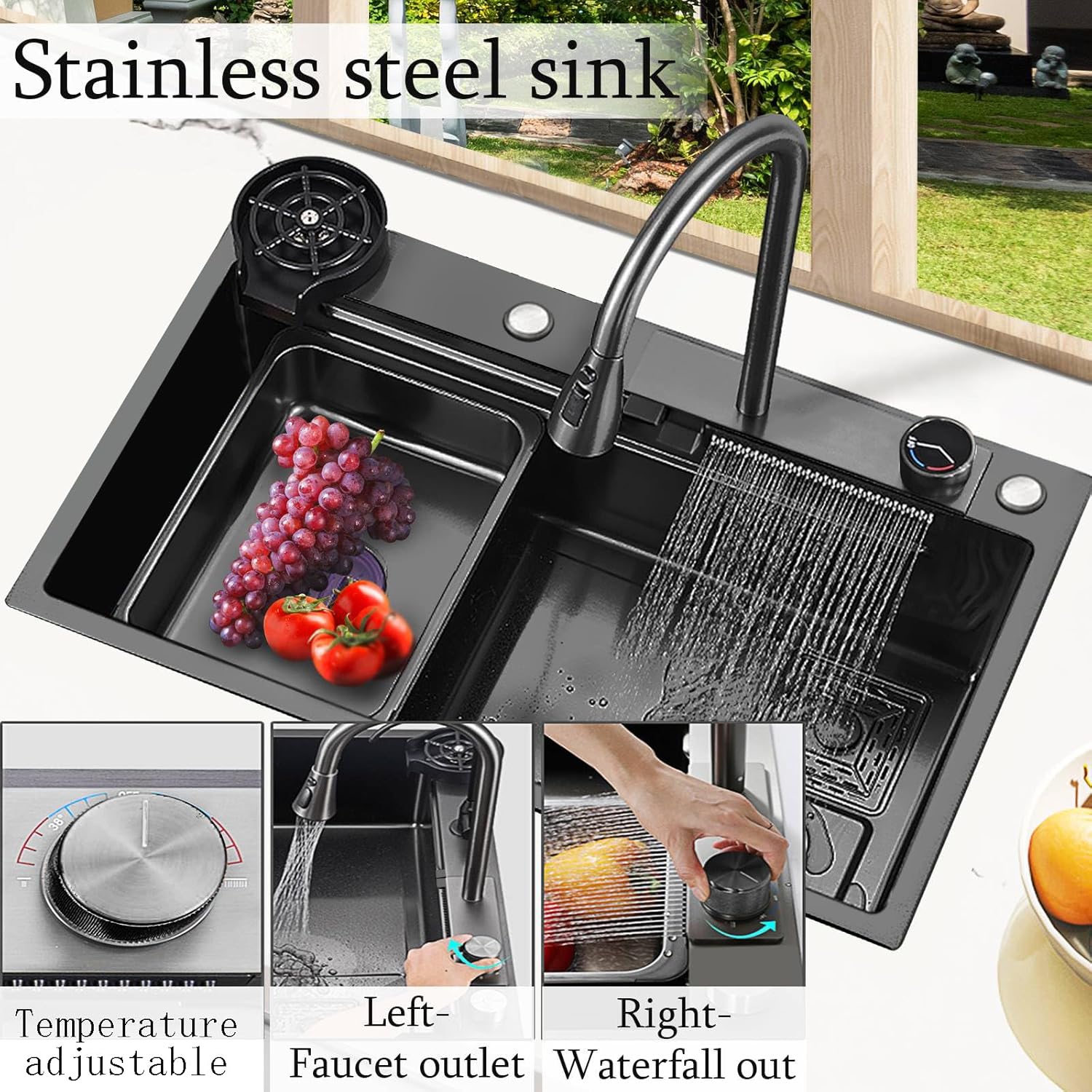 30''Waterfall Kitchen Sink Black 304 Stainless Steel Waterfall Pull-Faucet Bar Single Bowl Family Kitchen Sink with Full set Accessories (29.52''x17.7'')
