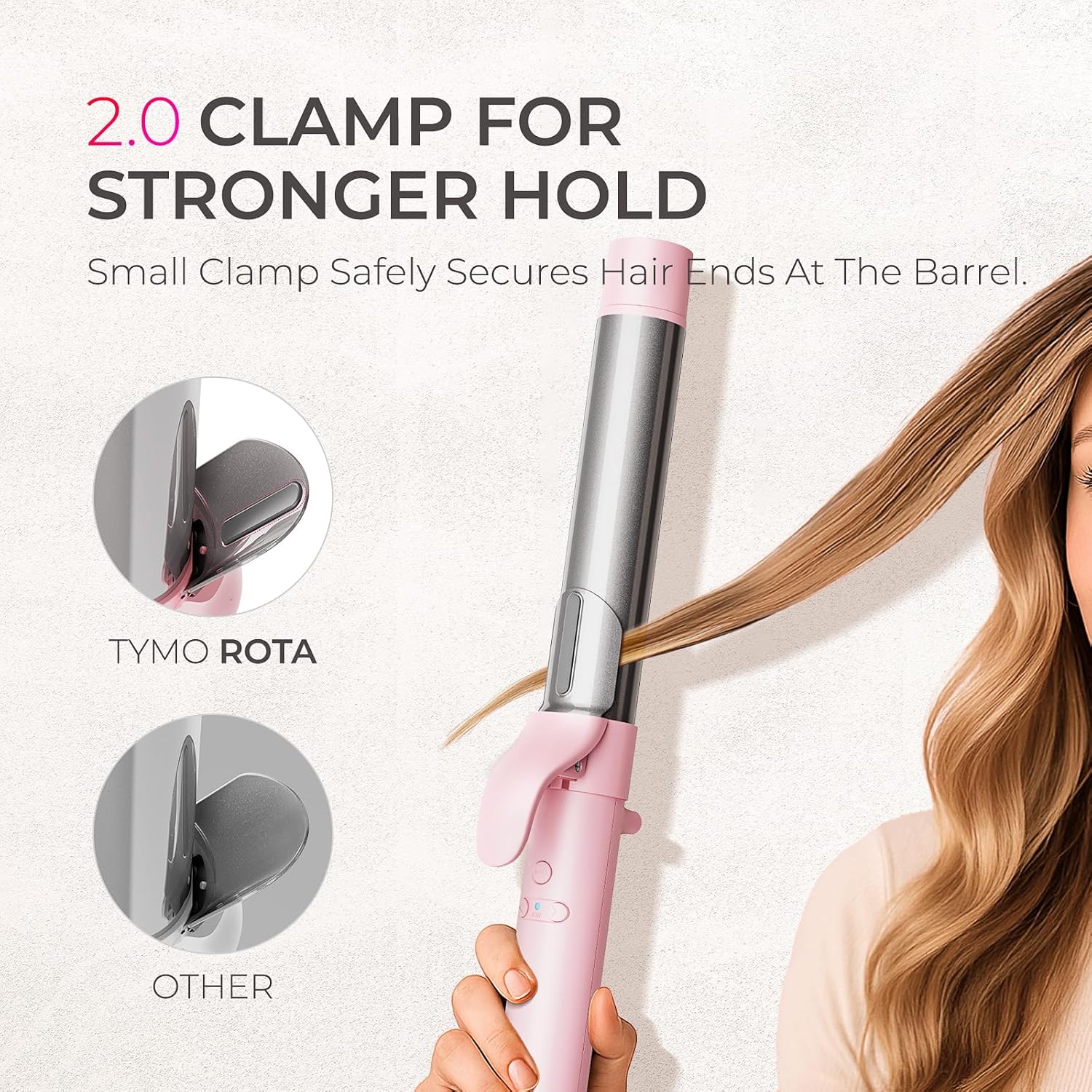 Close-up comparison of the TYMO ROTA's 2.0 clamp versus a generic clamp, showing the TYMO clamp's design for a stronger hold on hair ends.