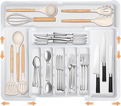Large Silverware Drawer Organizer Expandable Kitchen Utensil Organizer BPA Free Flatware Cutlery Holder Tray Adjustable Plastic Drawer Divider Storage for Forks Knives 6-9 Slots White