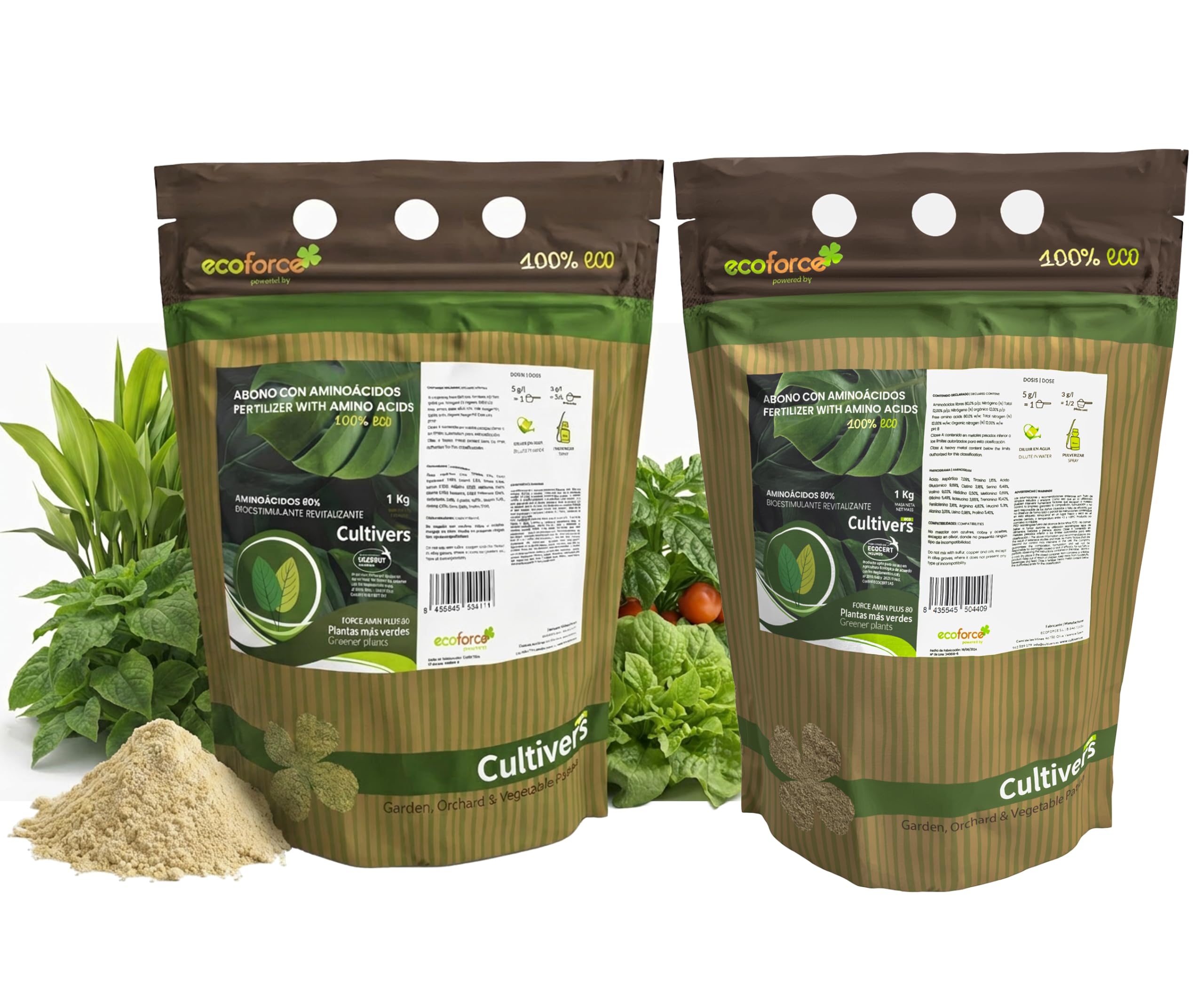 CULTIVERS Engrais avec acides aminés 85 % + fer 2 x 1 kg. Engrais à haute concentration écologique. Plantes plus vigoureuses et noires (sans carences nutritionnelles). Biostimulant pour plantes