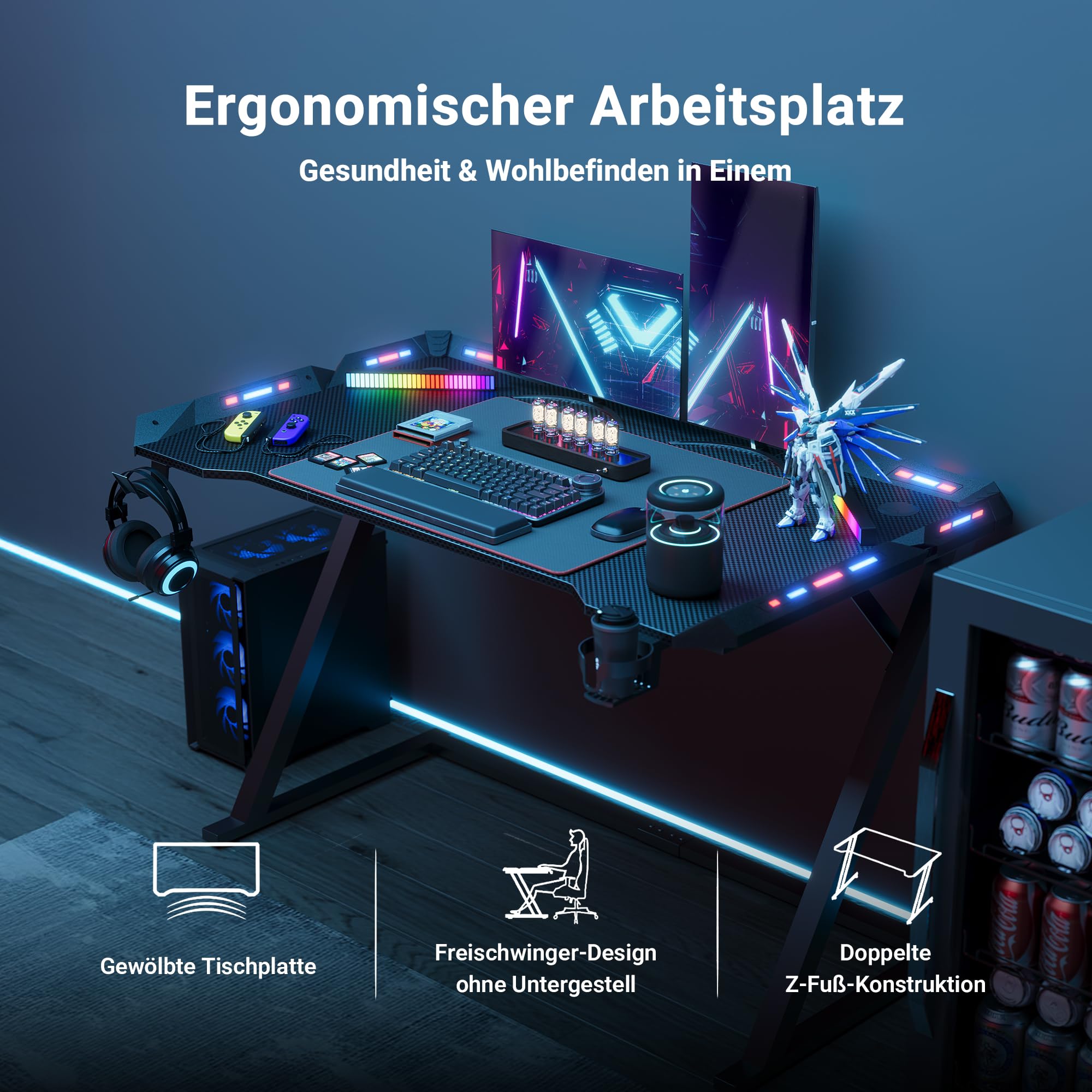 Claiks Gaming Tisch mit LED, 140 x 60 cm Gaming Schreibtisch Z-Frame, Ergonomischer Gamer PC Tisch mit Getränkehalter, Kopfhörerhaken, Stabiler Computertisch, Schwarz