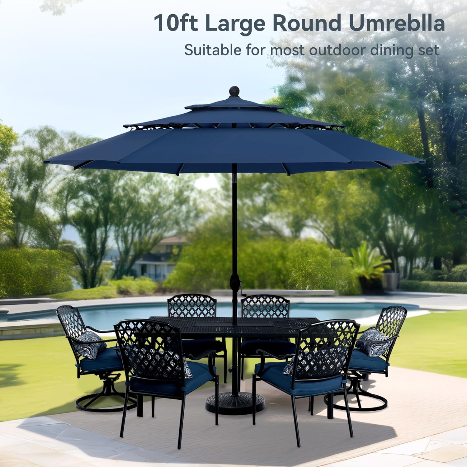 PHI VILLA 10ft Outdoor Patio Umbrellas for Outside, 3 Tier Vented Market Table Umbrella Windproof for Backyard, Deck, Garden, 1.5" Pole, Dark Blue（No Base）