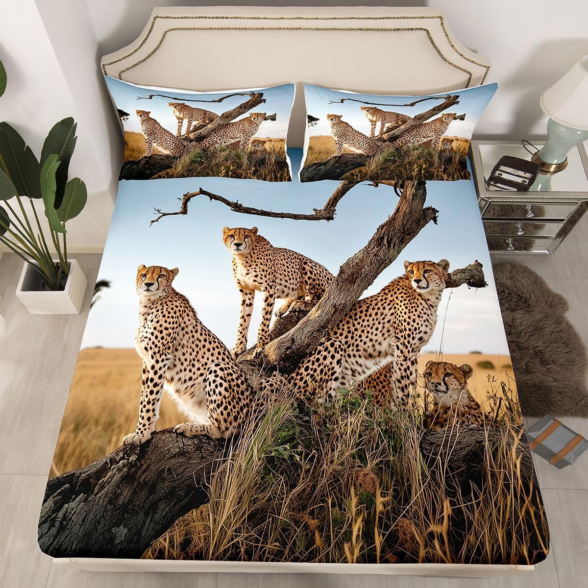 Leopard Bed Sheet Set Cheetah California Bedding Sheets for Kids Boys Girls Safari Wildlife Field Wild Wood Teen Bedding Fitted Sheet Tan Black Decor Bed Cover Room 2Pcs Twin Size
