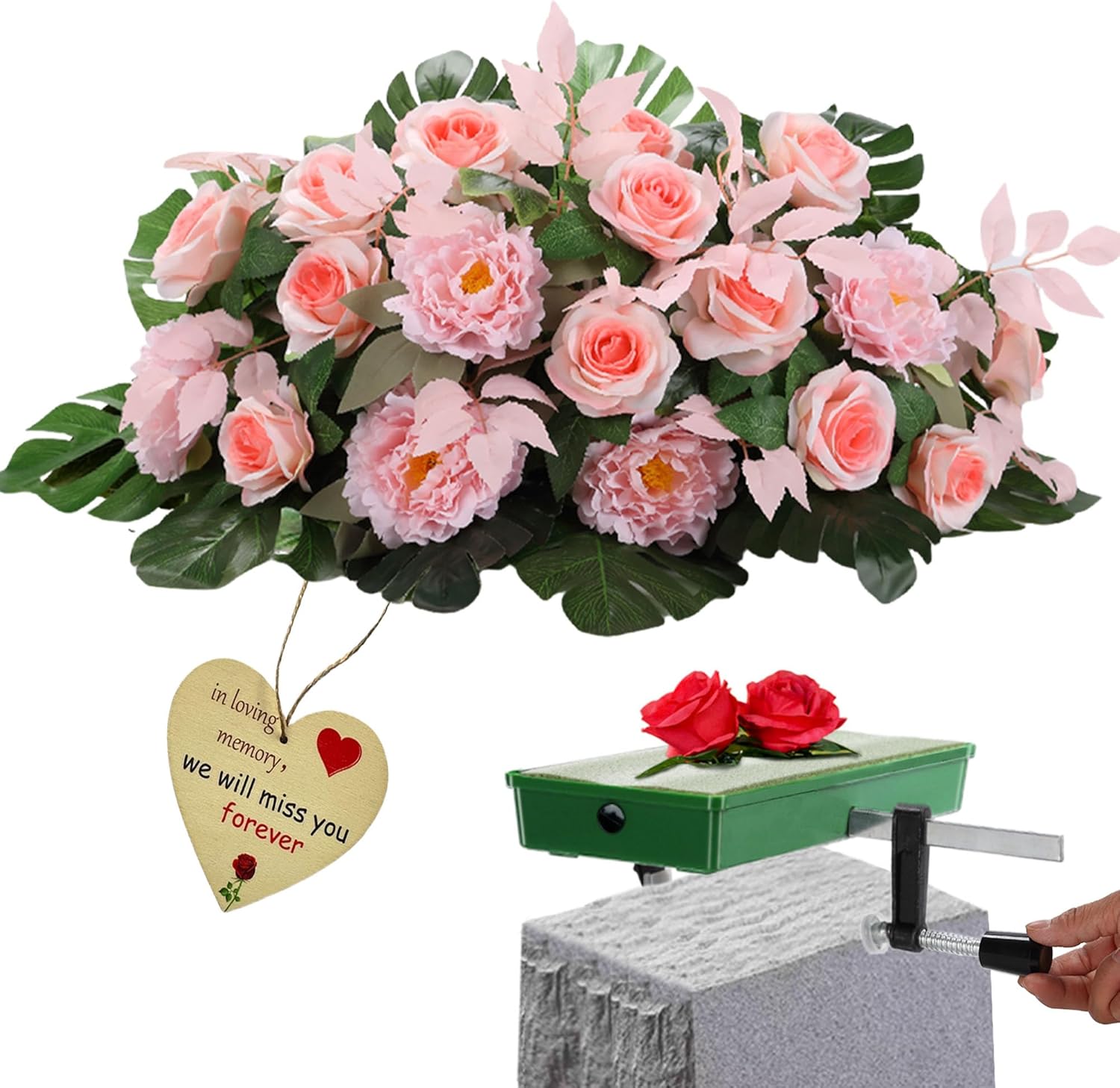 Headstone Saddle Flower - Spring Grave Tombstone Decorations - Never Blown Away,Gravestone Floral Light Pink,All-Weather Tribute for Your Loved Ones,for Valentine's Day,Mother's Day,Memorial Day Etc