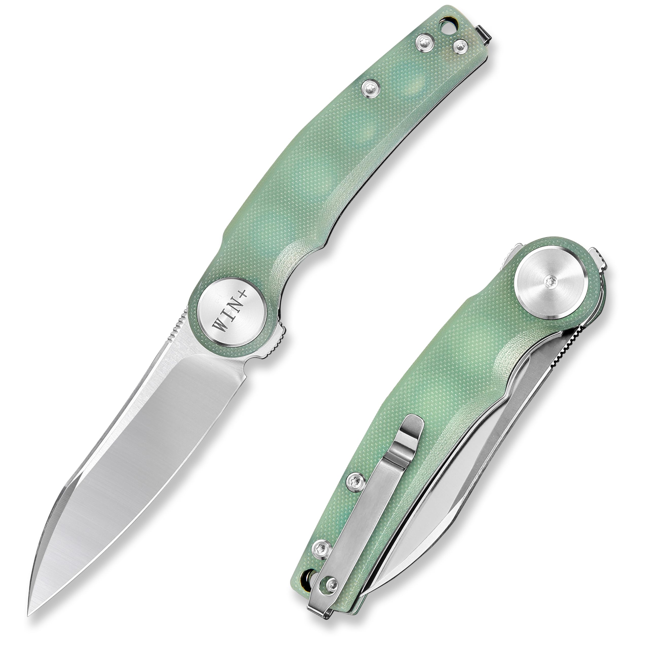 WIN+ Pocket Knife, Folding Knife with Clip, Tactical Knives with Ball Bearing and Liner Lock, D2 Small EDC Knife for Camping Survival Hunting 3618 (Jade-G10)
