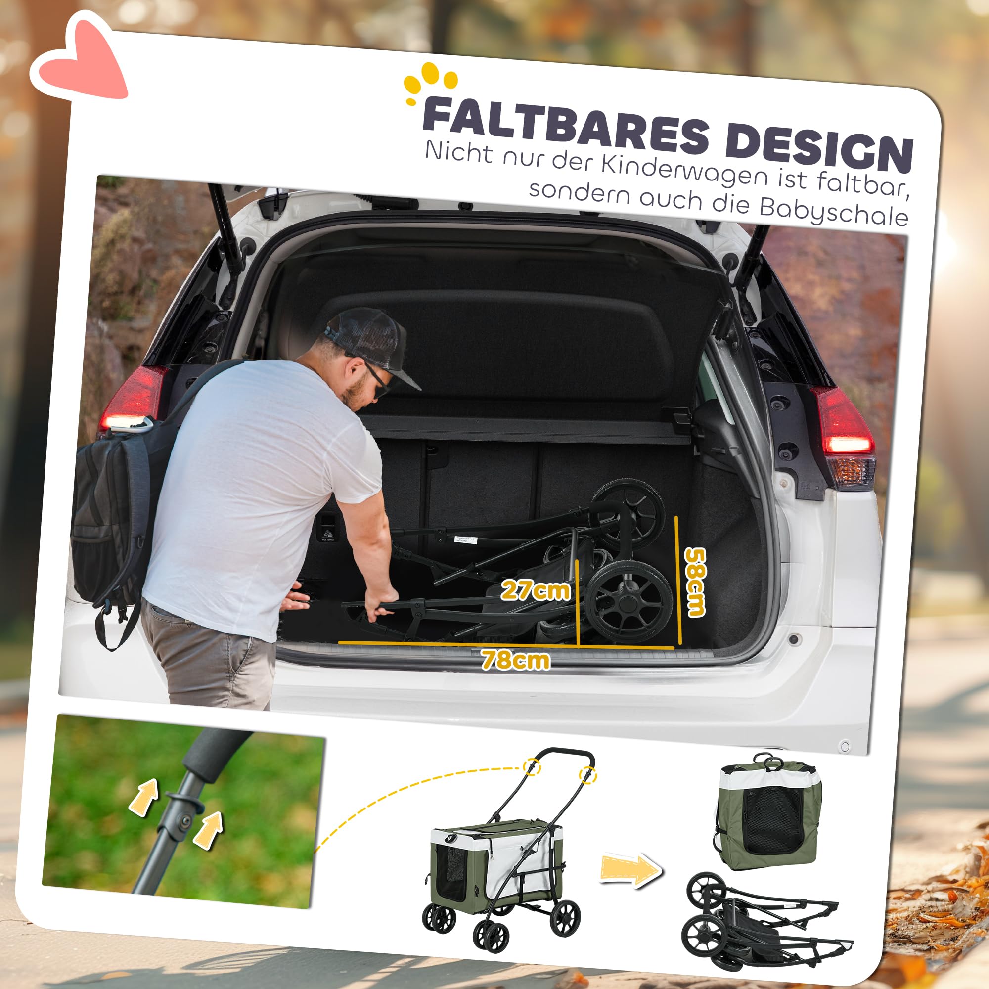 PawHut Carrito plegable para perros y gatos de hasta 10 kg, con cojín, ventanas de red, puertas, cesta de almacenamiento, color verde oscuro