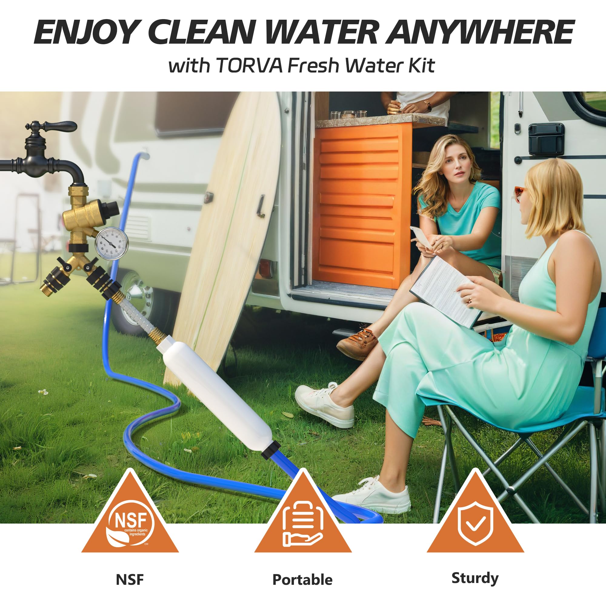 TORVA Mangueras de agua y accesorios para camping, kit de agua dulce todo en uno, sin BPA, incluye cartucho de filtro de agua para caravana, divisor de manguera y conectores, accesorios esenciales
