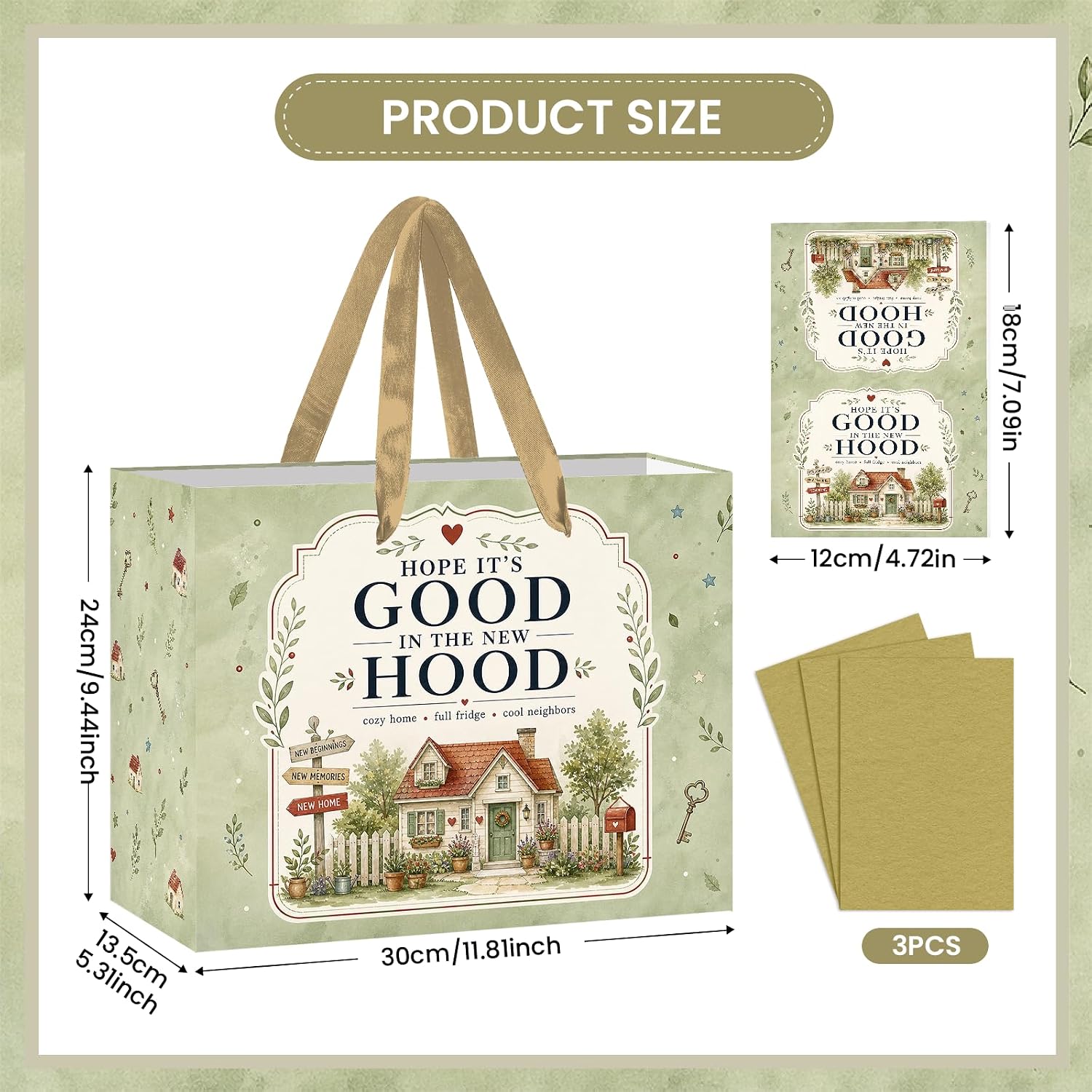 Sage Green Housewarming Gift Bag New Home Bag with Tissue Paper and Card image 3