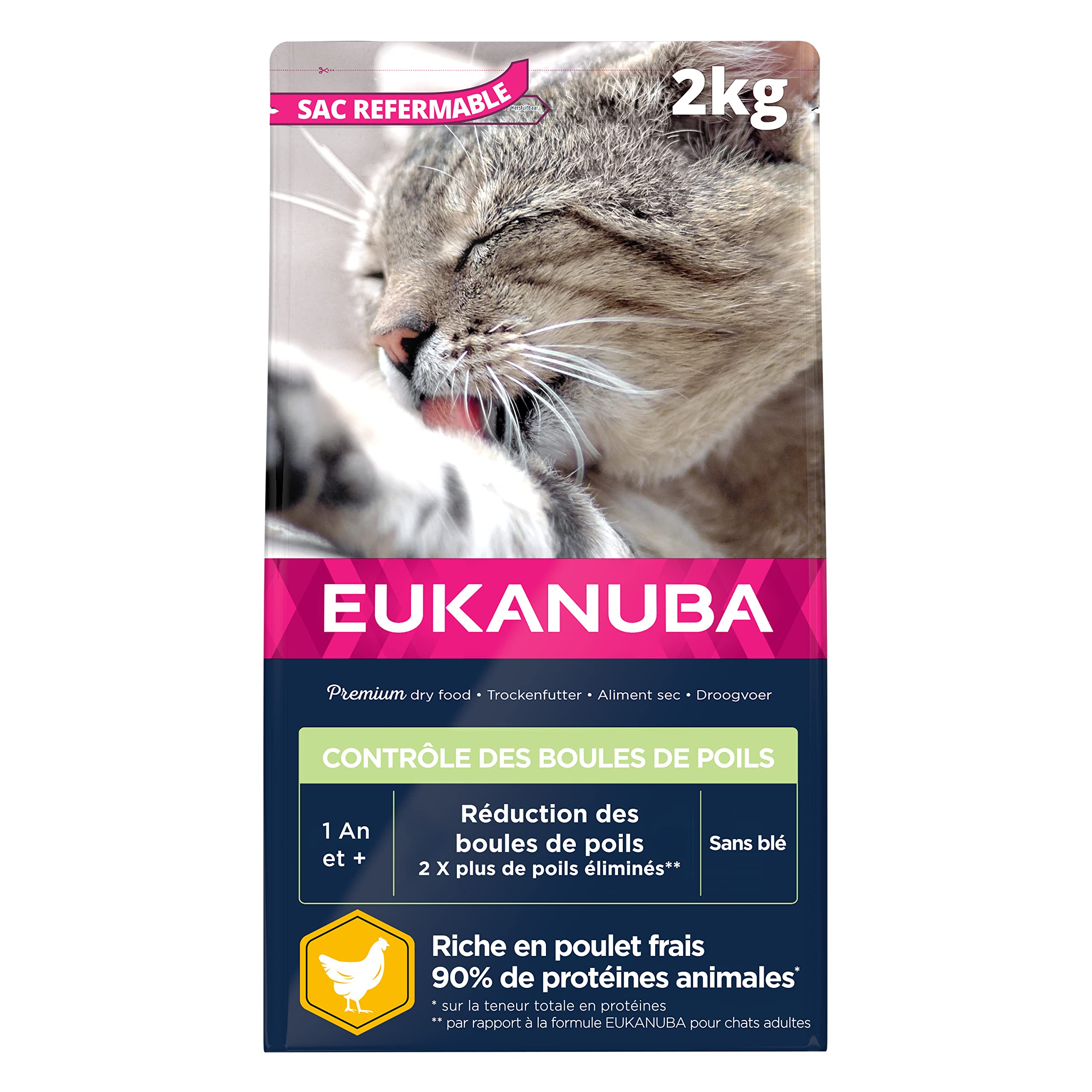 EUKANUBA Hair Ball Controls - Premium Dry Food for Adult and Senior Cats - Rich in Fresh Chicken and Rice - Wheat and GMO Free - Complete and Balanced Food - Resealable Bag - 2kg