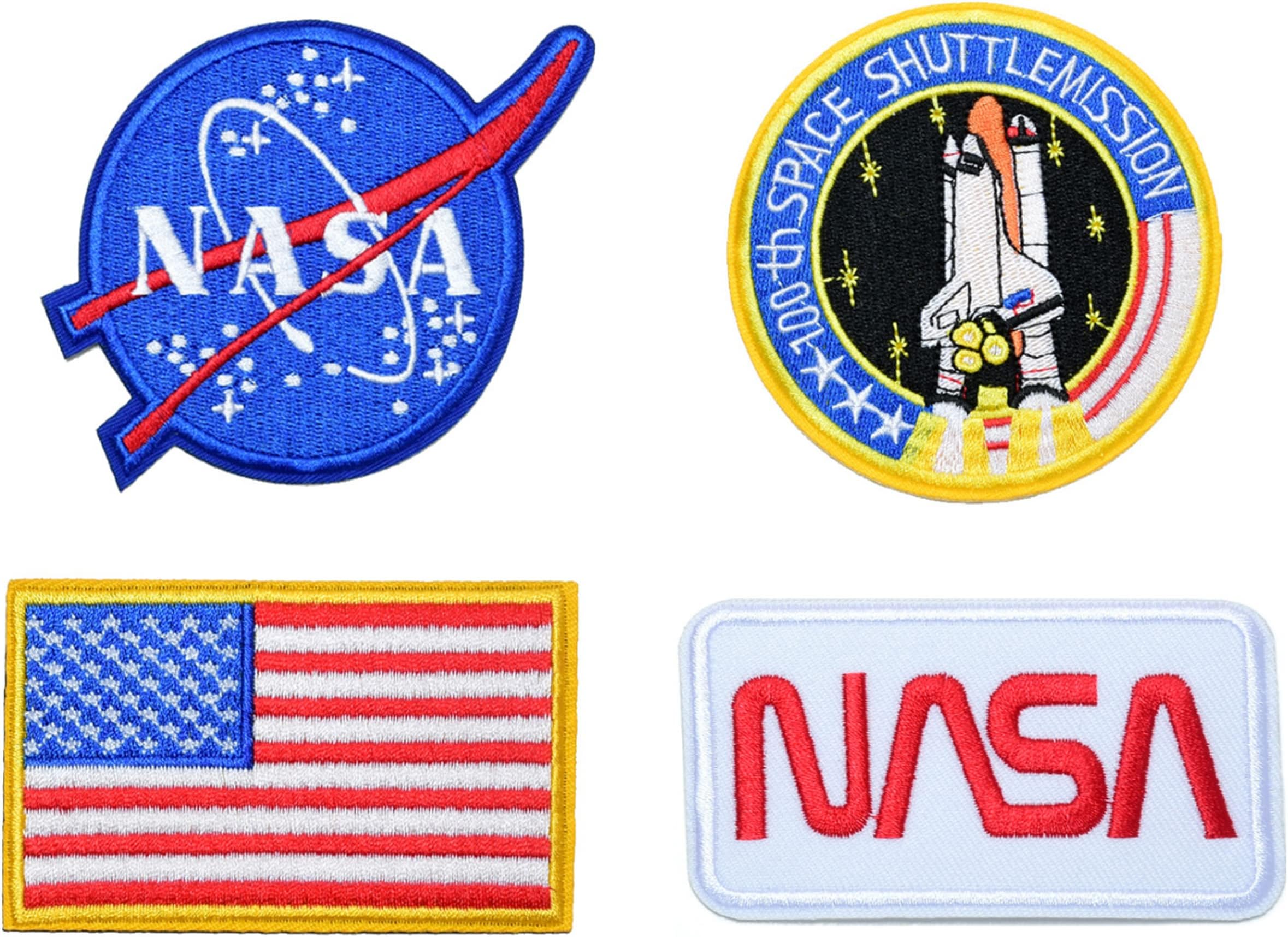 SpaceAuto Bundle 4 Pieces Iron on or Sew on Military Tactical Morale Badge Emblem Patch - NASA Logo,100th Space Shuttle Mission, Golden Red USA Flag, NASA