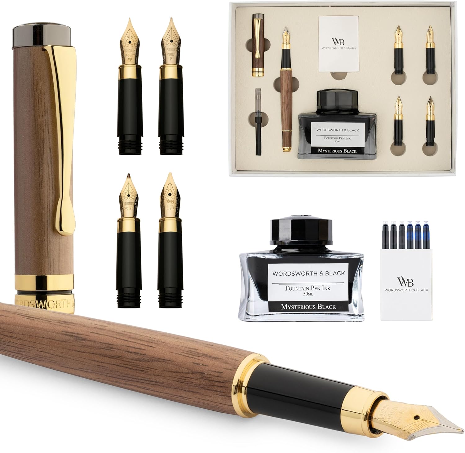 Wordsworth & Black Fountain Pen Gift Set, Includes Ink Bottle, 6 Ink Cartridges, Ink Refill Converter, 4 Replacement Nibs, Luxury Bamboo, Journaling, Calligraphy, Smooth Writing Pens [Brown Wood]
