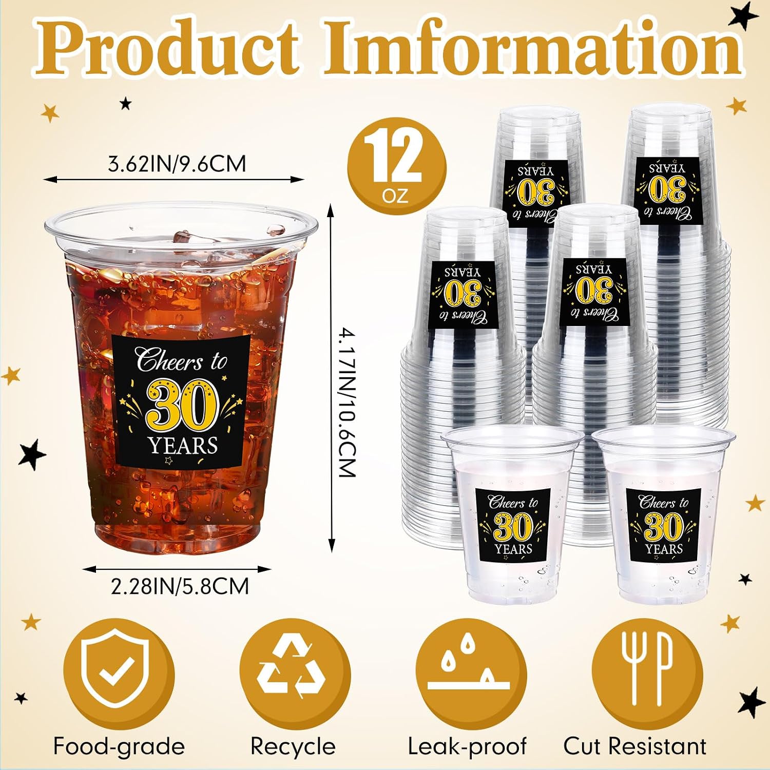 Funnymoom 60 Pack 30th Birthday Cup 12 oz Cheers to 30 Years Disposable Clear Plastic Cups for Men Women 30th Birthday Wedding Anniversary Party Decorations Favors