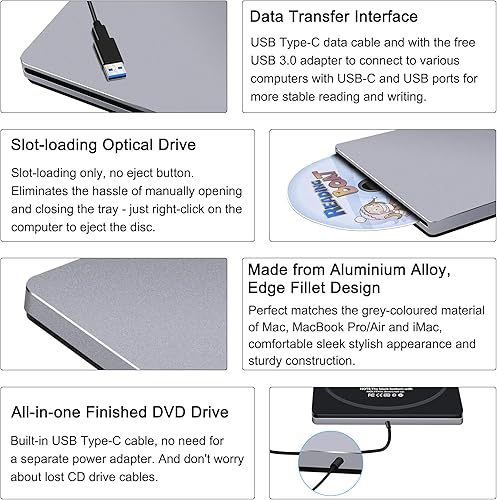 Miniatura 4 de NOLYTH Unidad de CD externa para Mac USB C reproductor de grabadora de DVD SuperDrive para portátil Windows Apple Plug & Play Copia de seguridad de