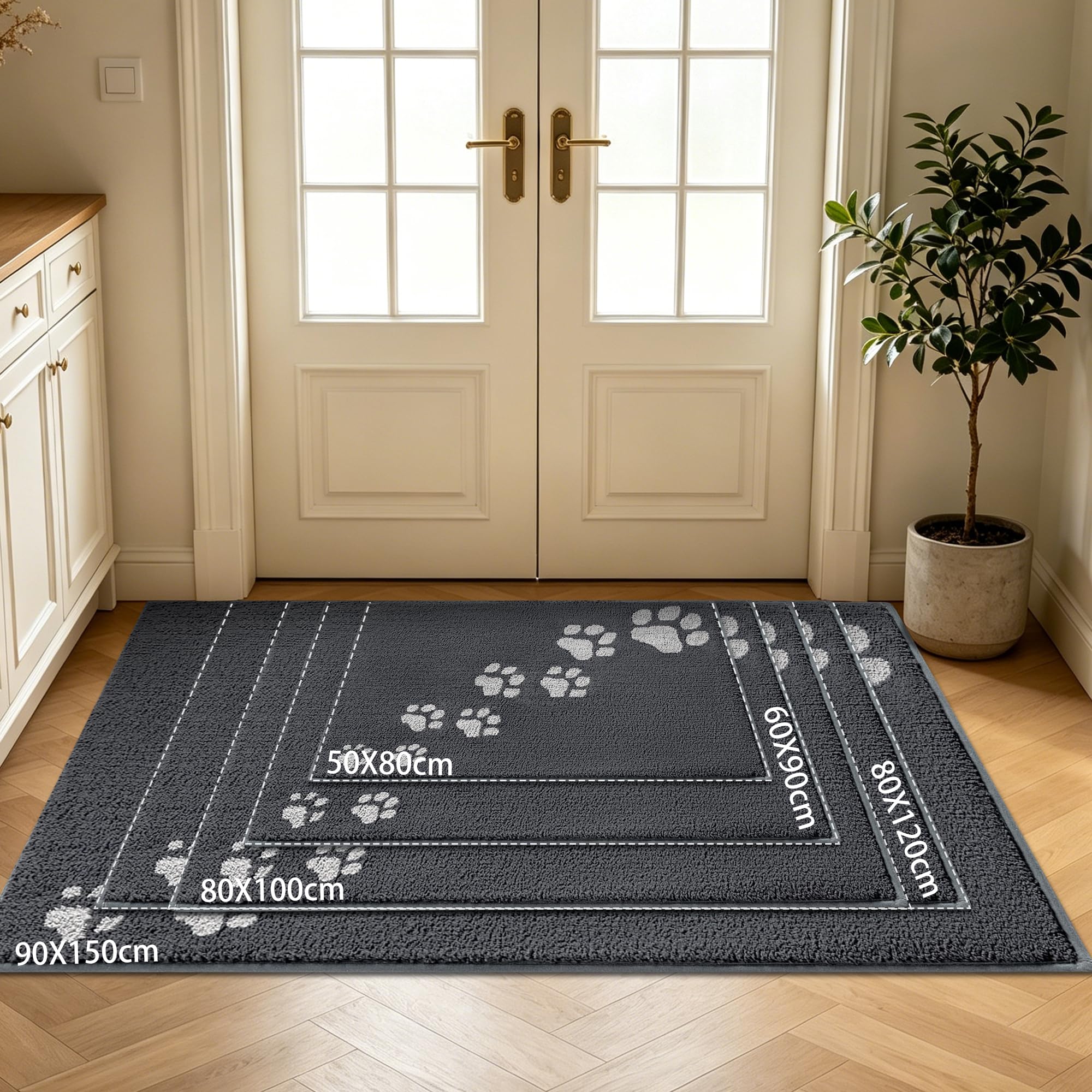 Schmutzfangmatte Innen 90 x 150 cm, rutschfeste Maschinenwaschbare Dunkelgrau Fußmatte, Eingangstürmatte mit Wasserabsorbierenden, Fussmatte für Hund, Eingang, Haustür