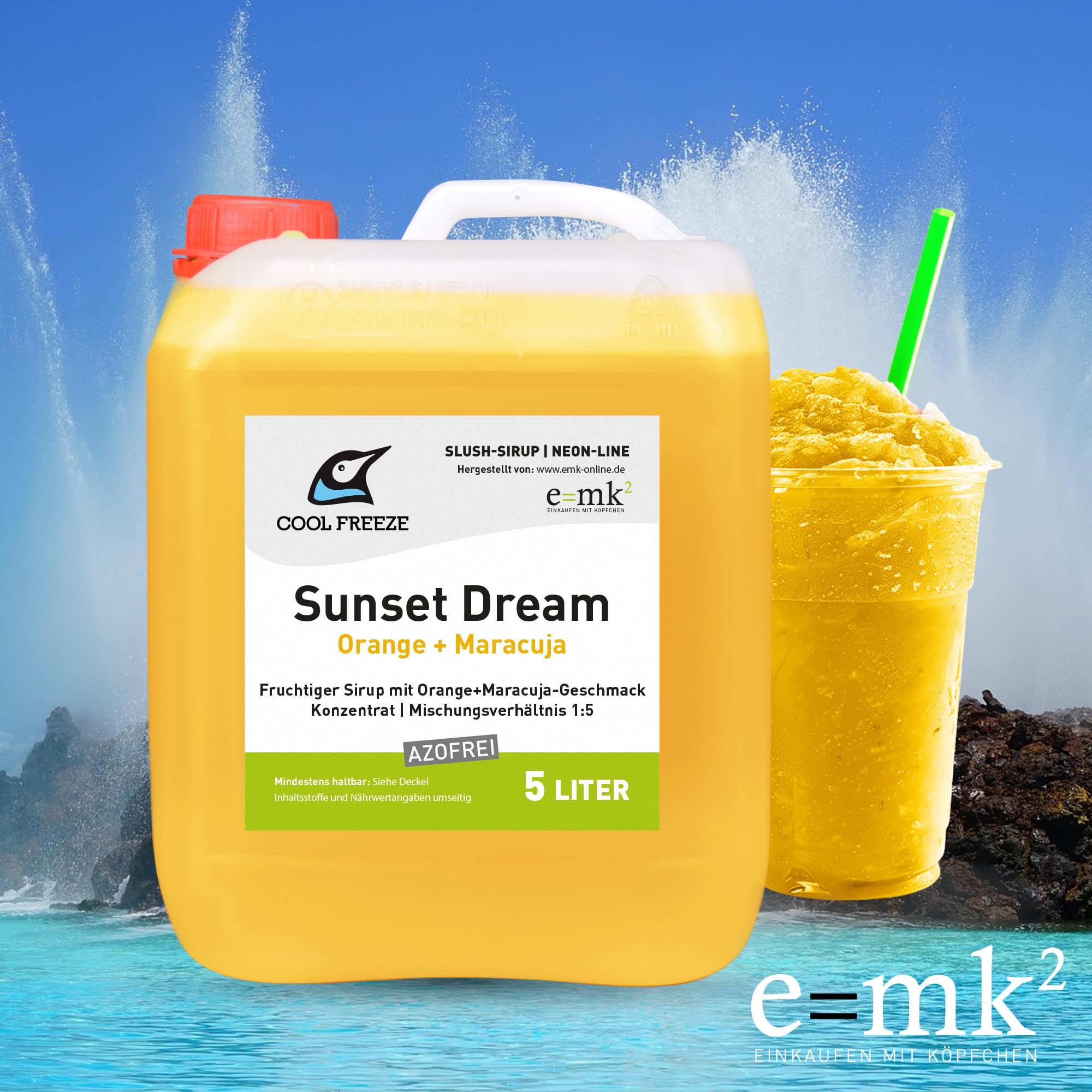 Slush-Sirup 8×5 L Set azofrei • Konzentrat von COOL FREEZE • Cola, Orange, Kokos, Waldmeister, Kirsche, Maracuja, Erdbeere, Zitrone • Ideal für Slushmaschine, Events, Partys, Sommer & Kinder