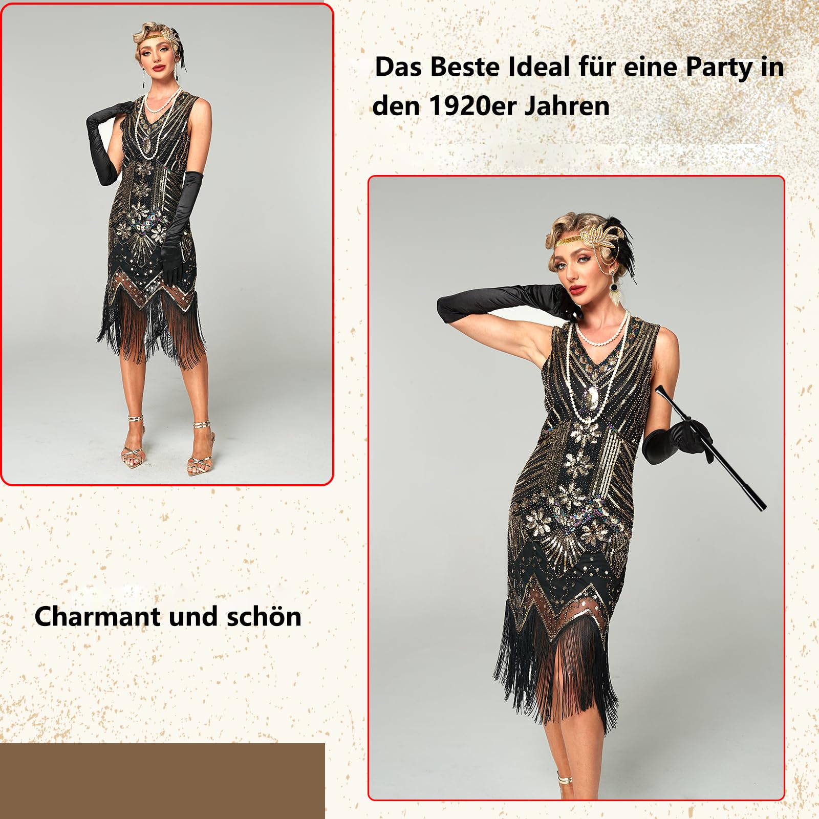 Panngu Robe à Franges à Sequins des Années 20 avec Ensemble d'Accessoires pour Déguisement Charleston et Gatsby Femme.