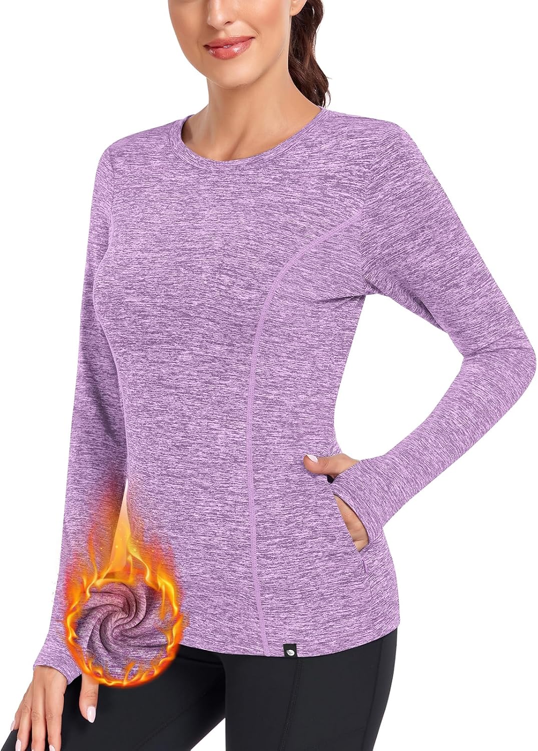 Soneven Women's Thermal Fleece Running Shirts Compression Shirts Quick Dry Workout Pullover Tops with Thumb Holes