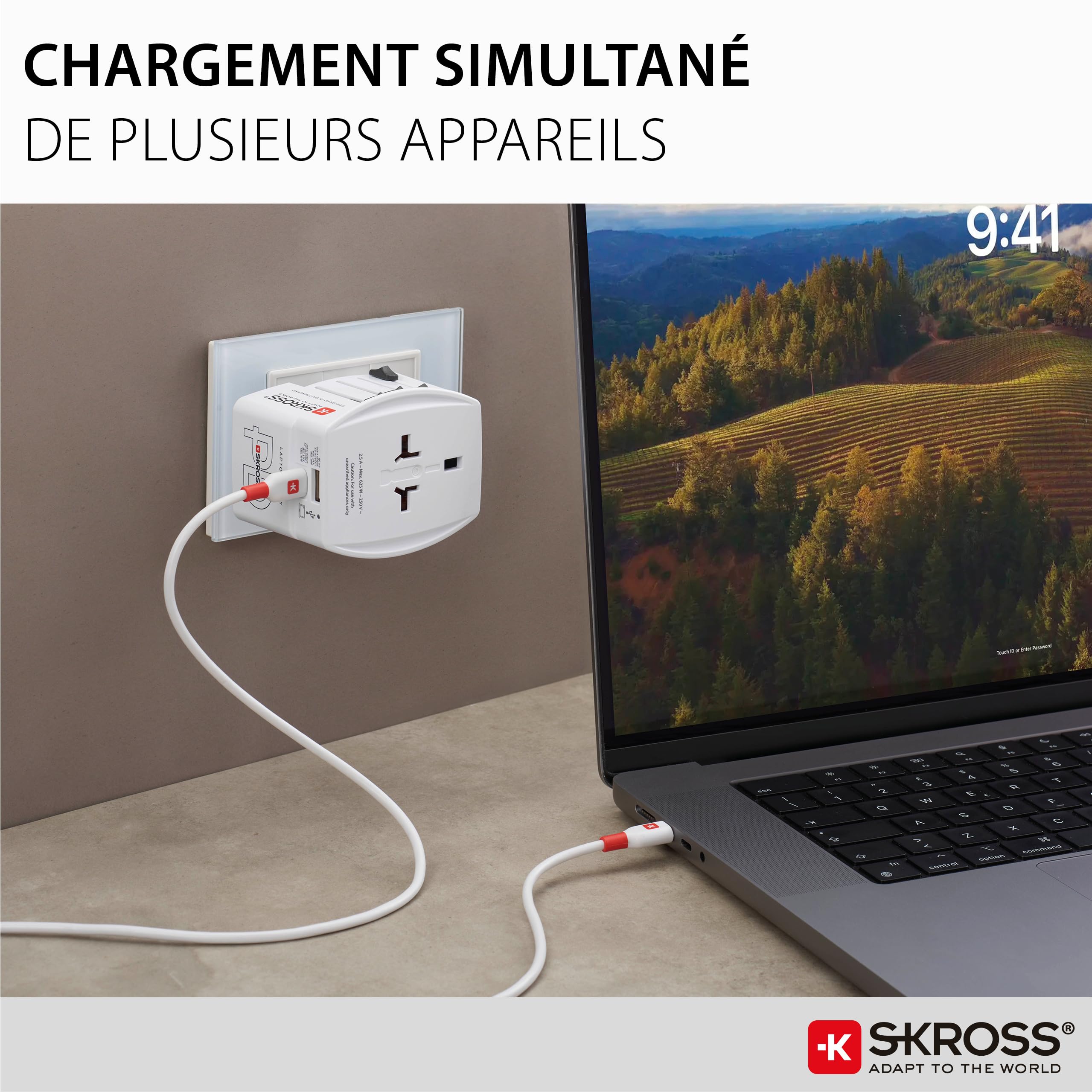 SKROSS -MUV USB AC65PD + Cavo Type C (160cm) - Adattatore Universale da Viaggio a 2 Poli + 1x Type C & 1 x Type A 65W- Tensione e Potenza: 100V-250W/250V-625W per Portatili, Tablet e Smartphone