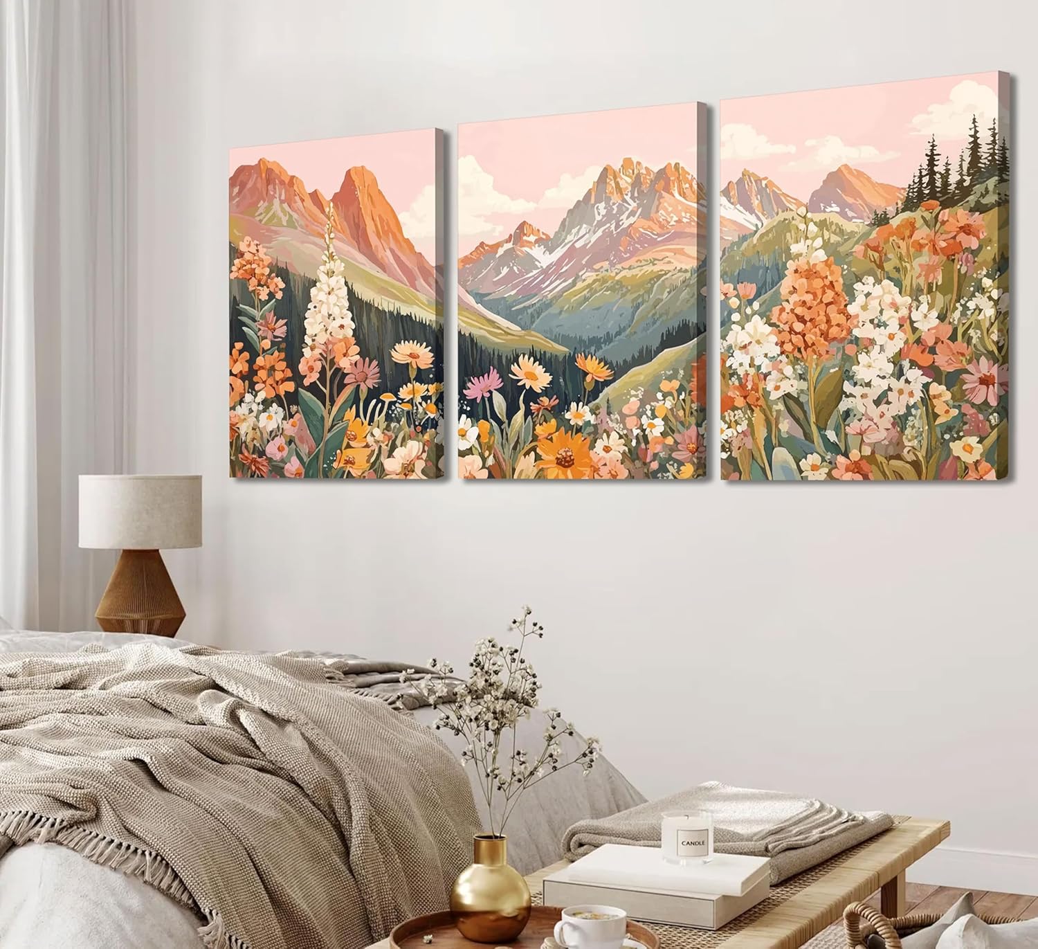3Pcs Boho Mountain Canvas Wall Art Vintage Wildflower Mountains Poster Prints Abstract Nature Landscape Picture Nature Botanical Paintings Artwork Wall Decor for Living Room Bedroom 12x16in Framed